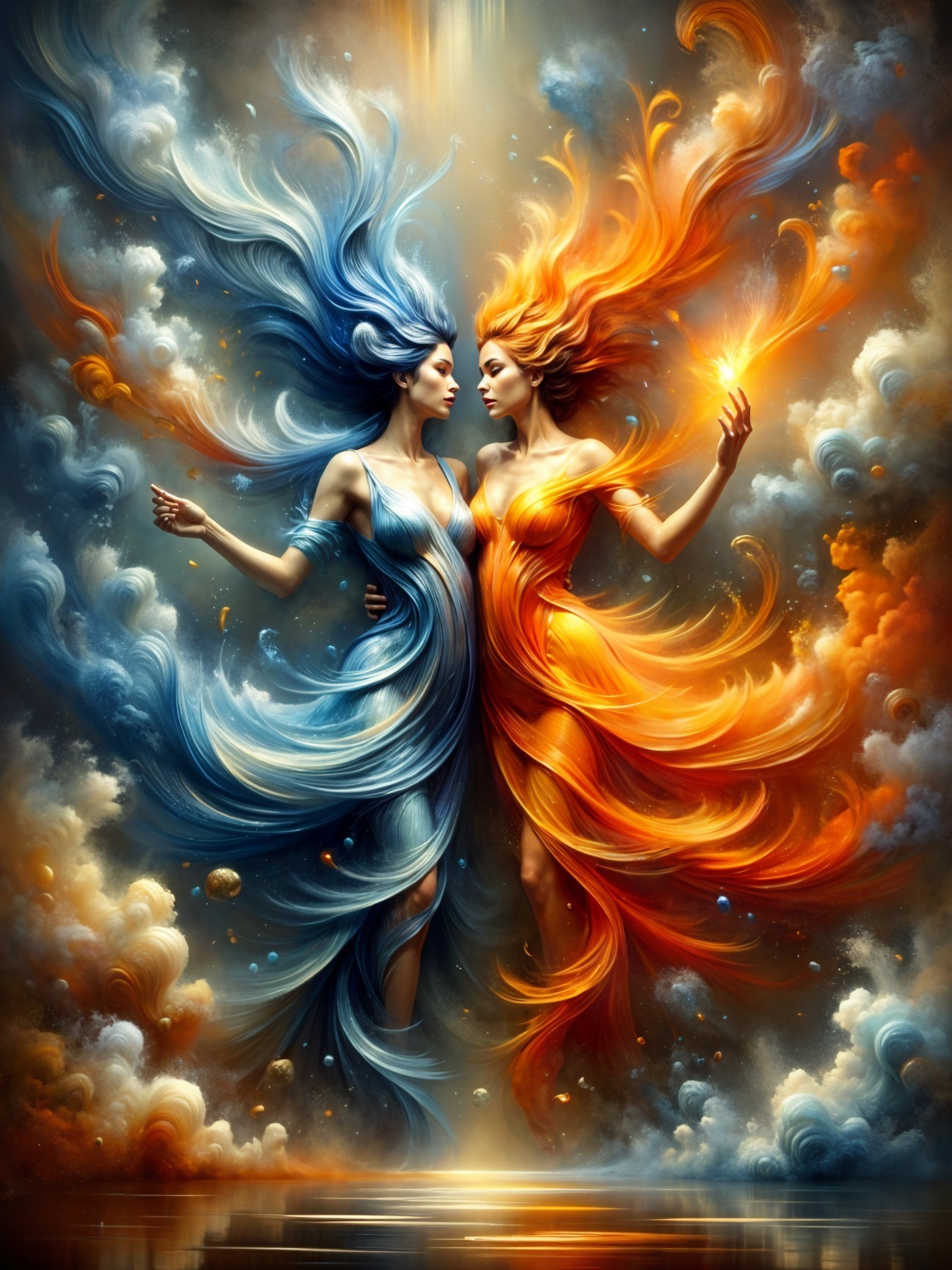 Ethereal Figures of Water and Fire in Celestial Scene