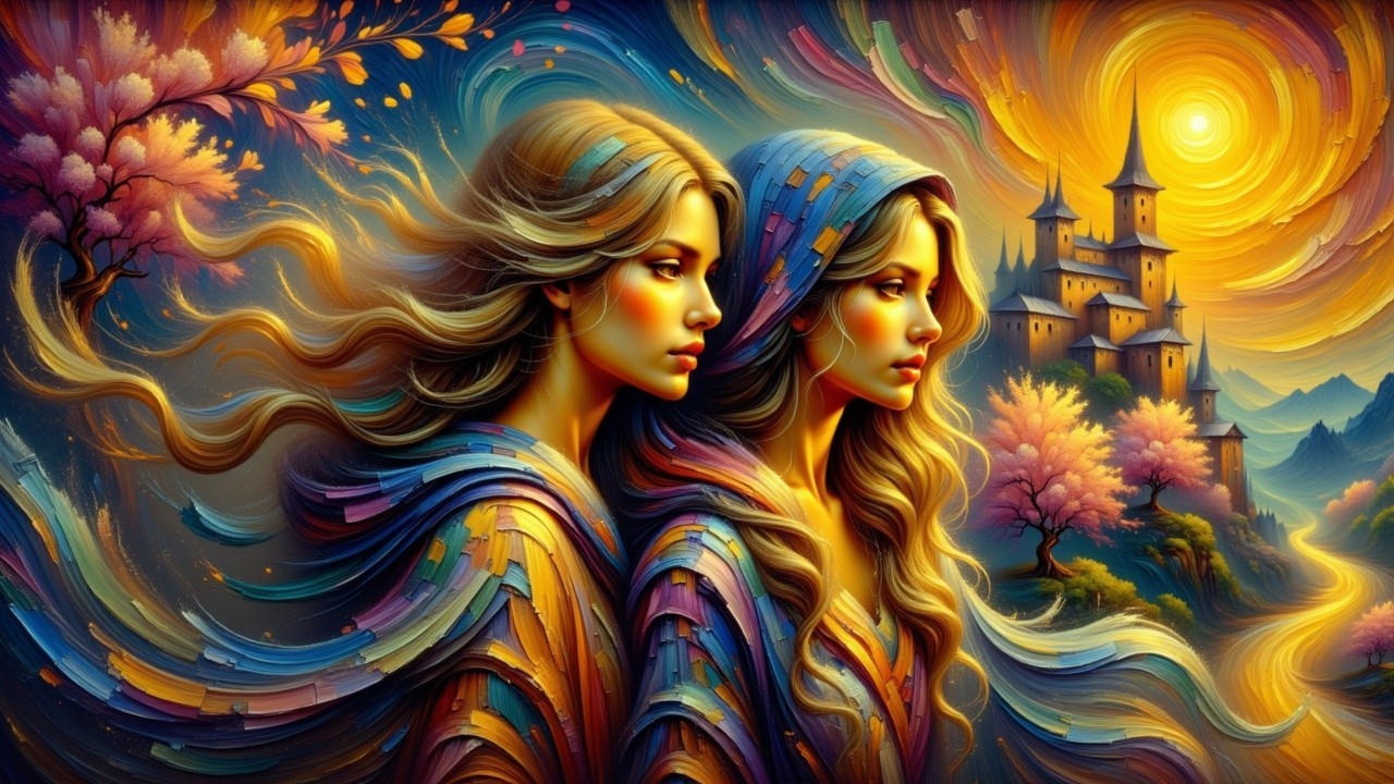 Two women in vibrant robes with a castle backdrop