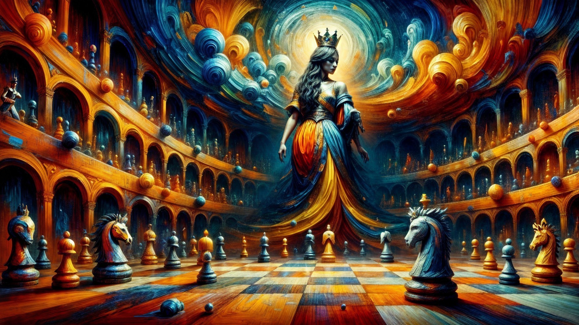 Grand Chessboard Scene in an Ornate Hall