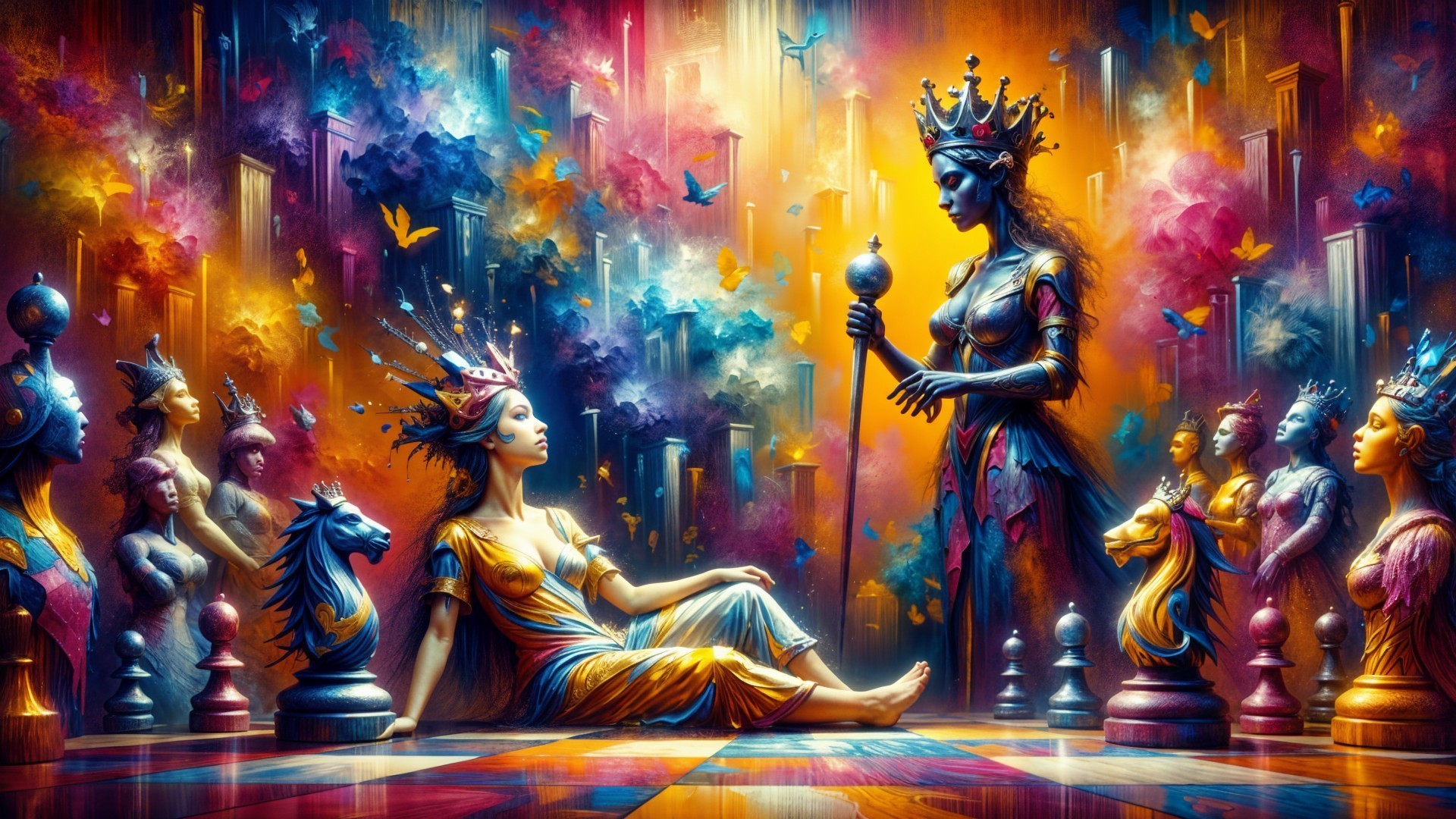 Regal Queen in Surreal Setting with Chess and Butterflies