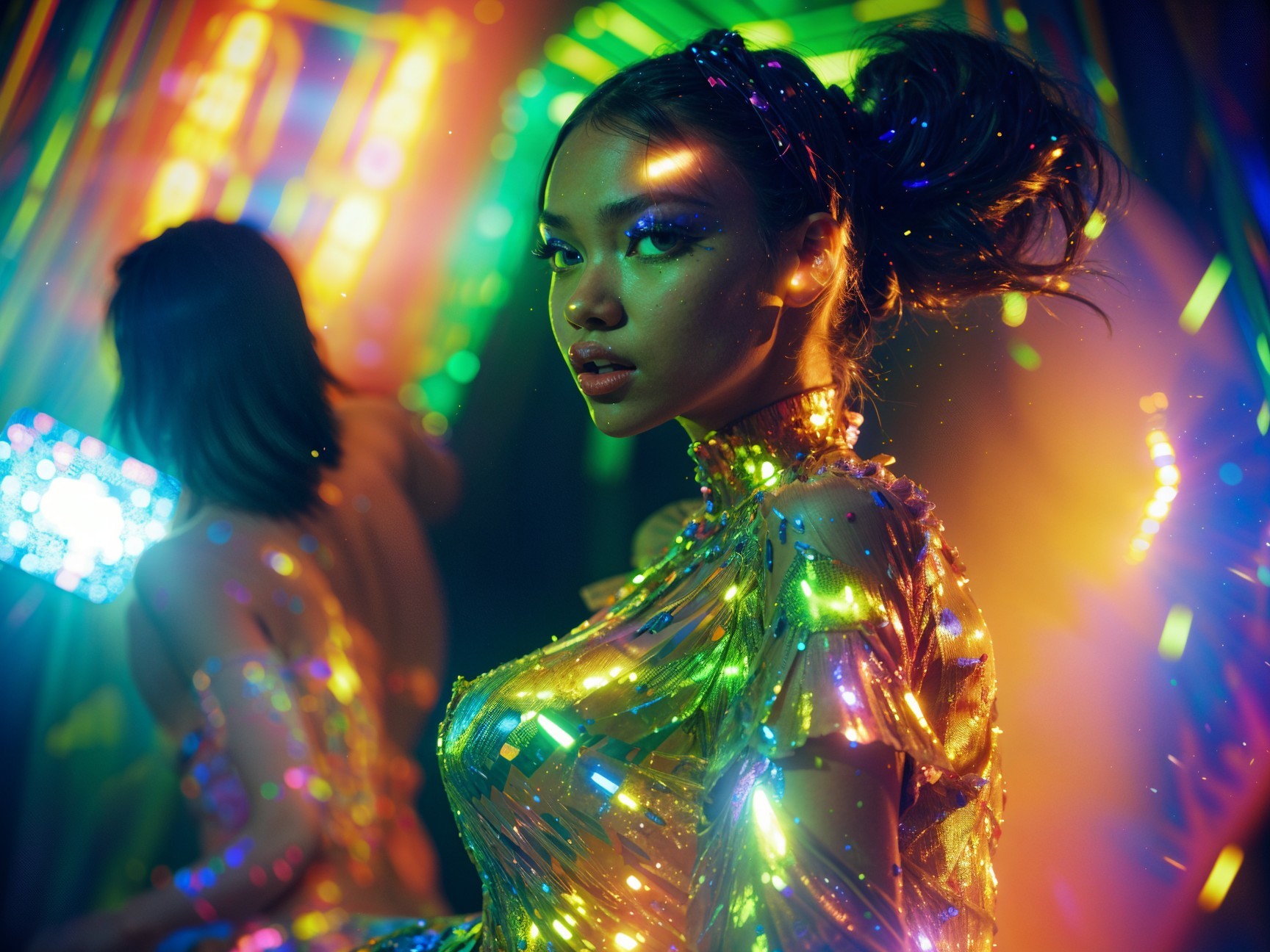 Model in Holographic Outfit Amidst Colorful Lights