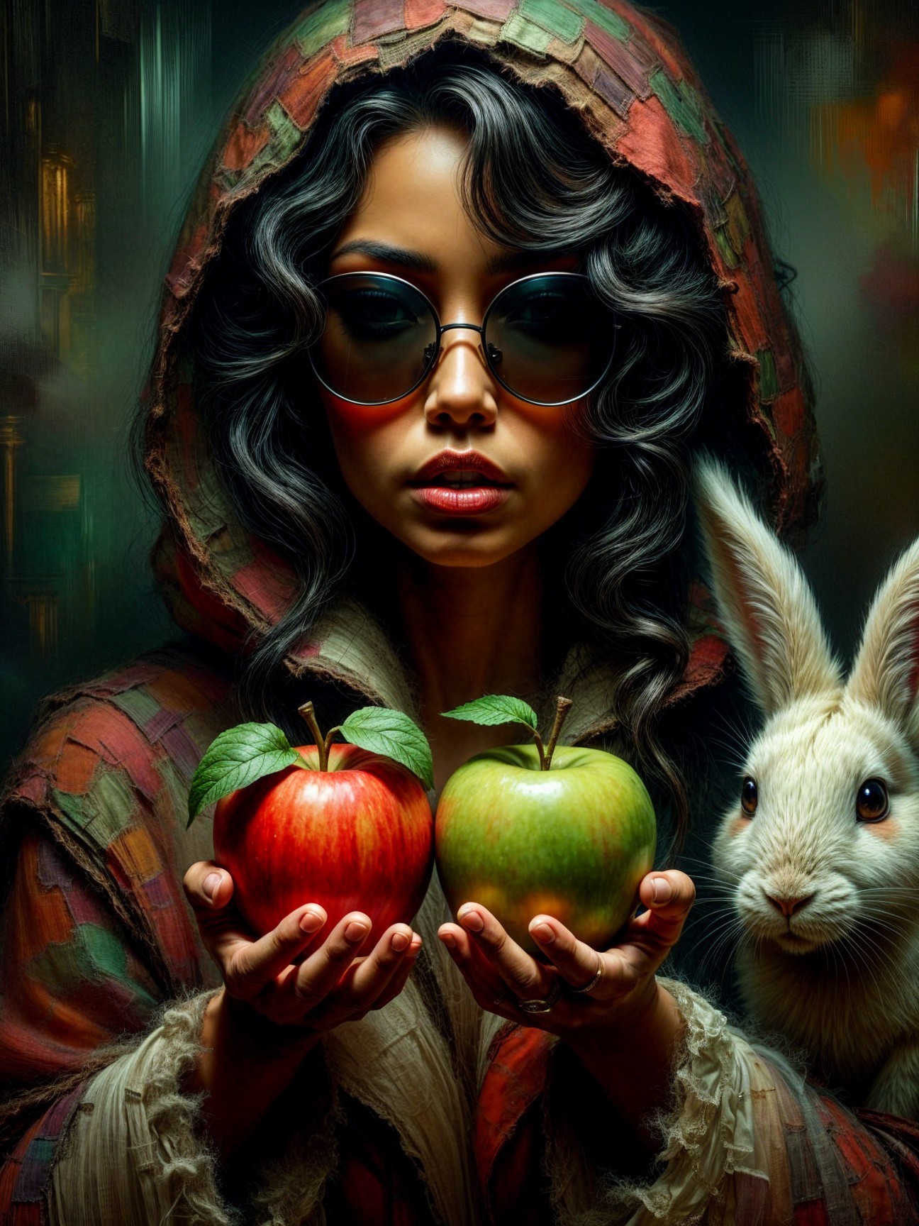 Mystical woman with apples and a curious rabbit