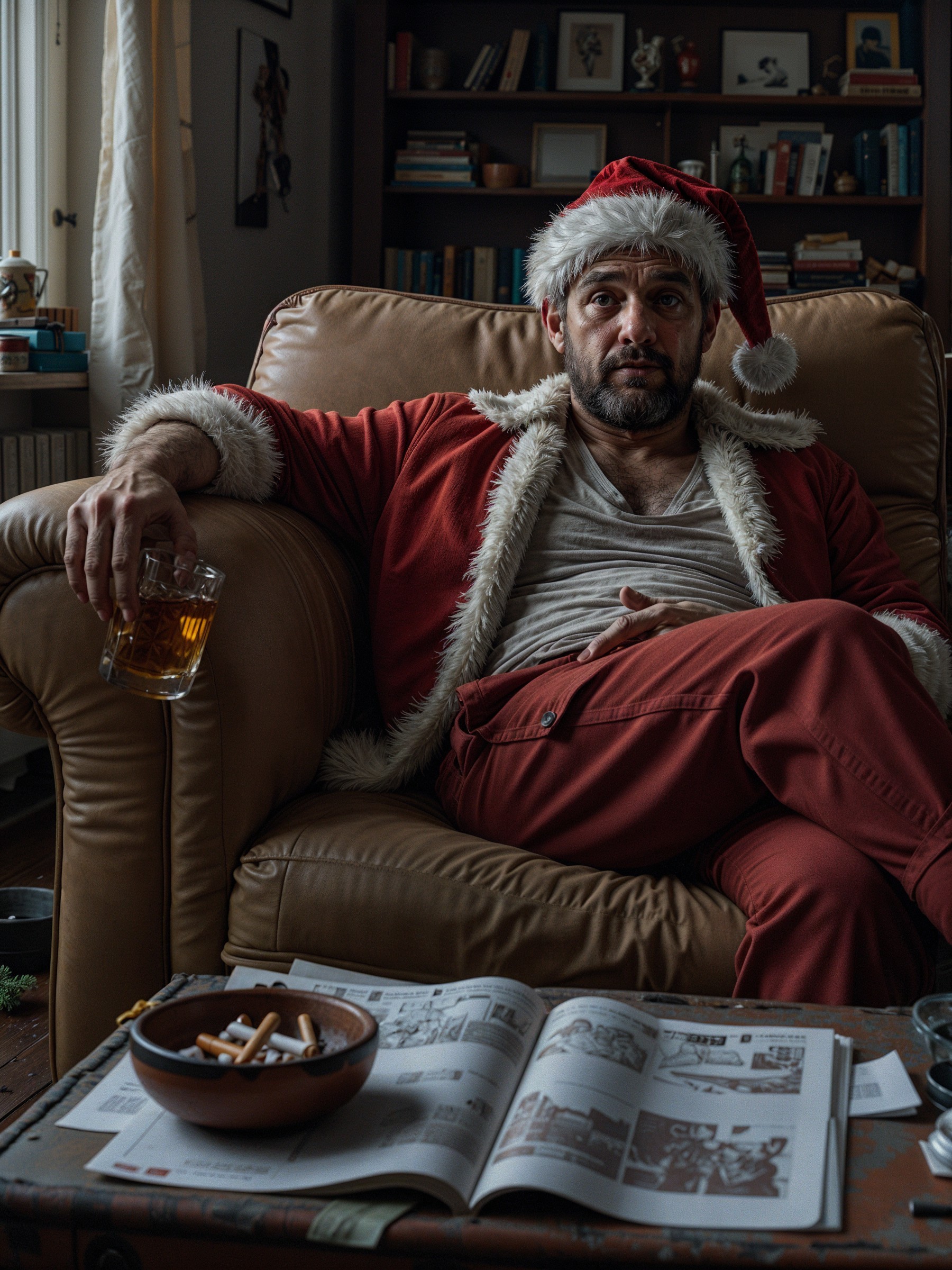 Cozy Living Room with Santa Outfit and Whiskey