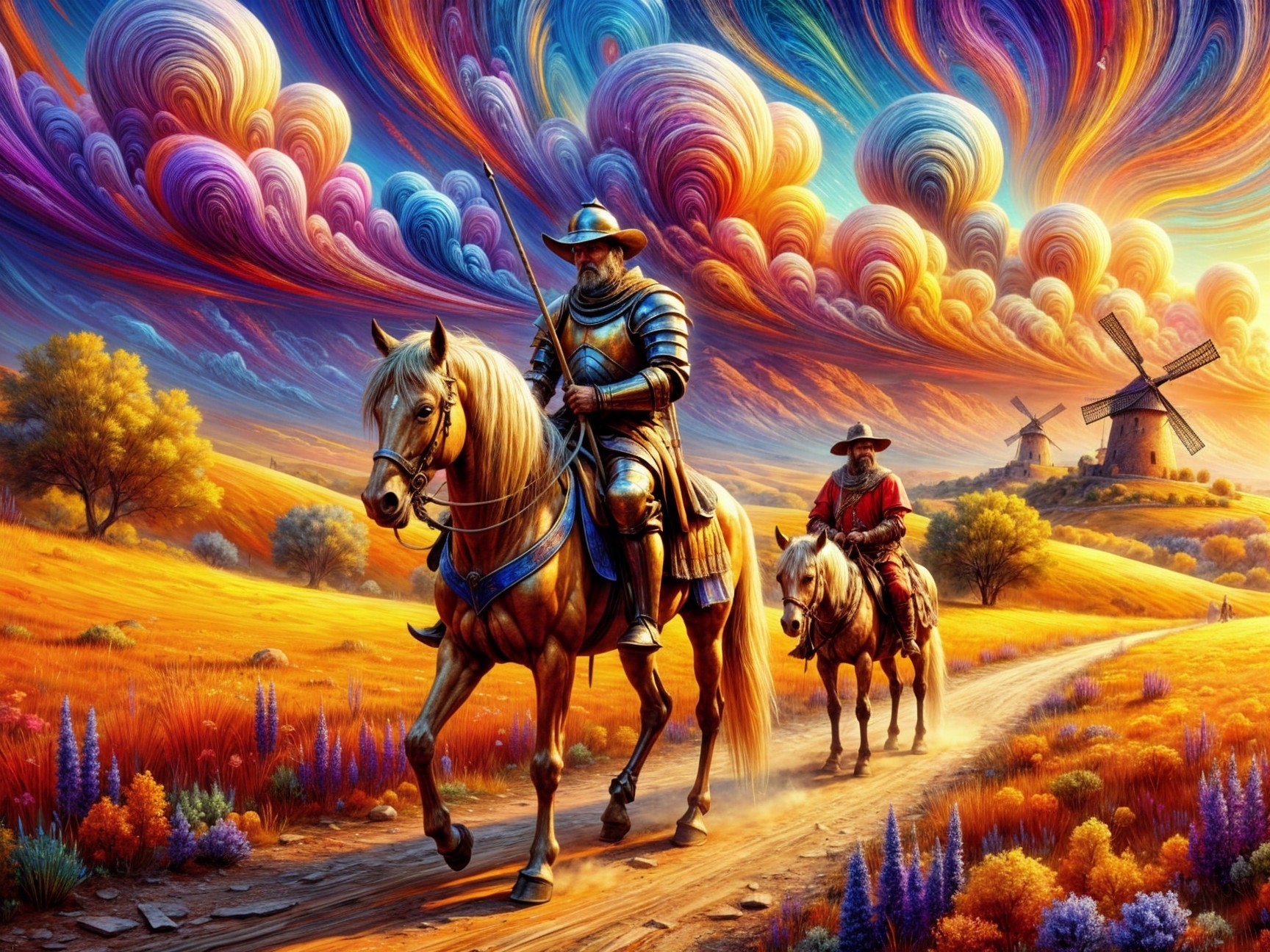 Armored Horsemen in a Colorful Landscape Scene
