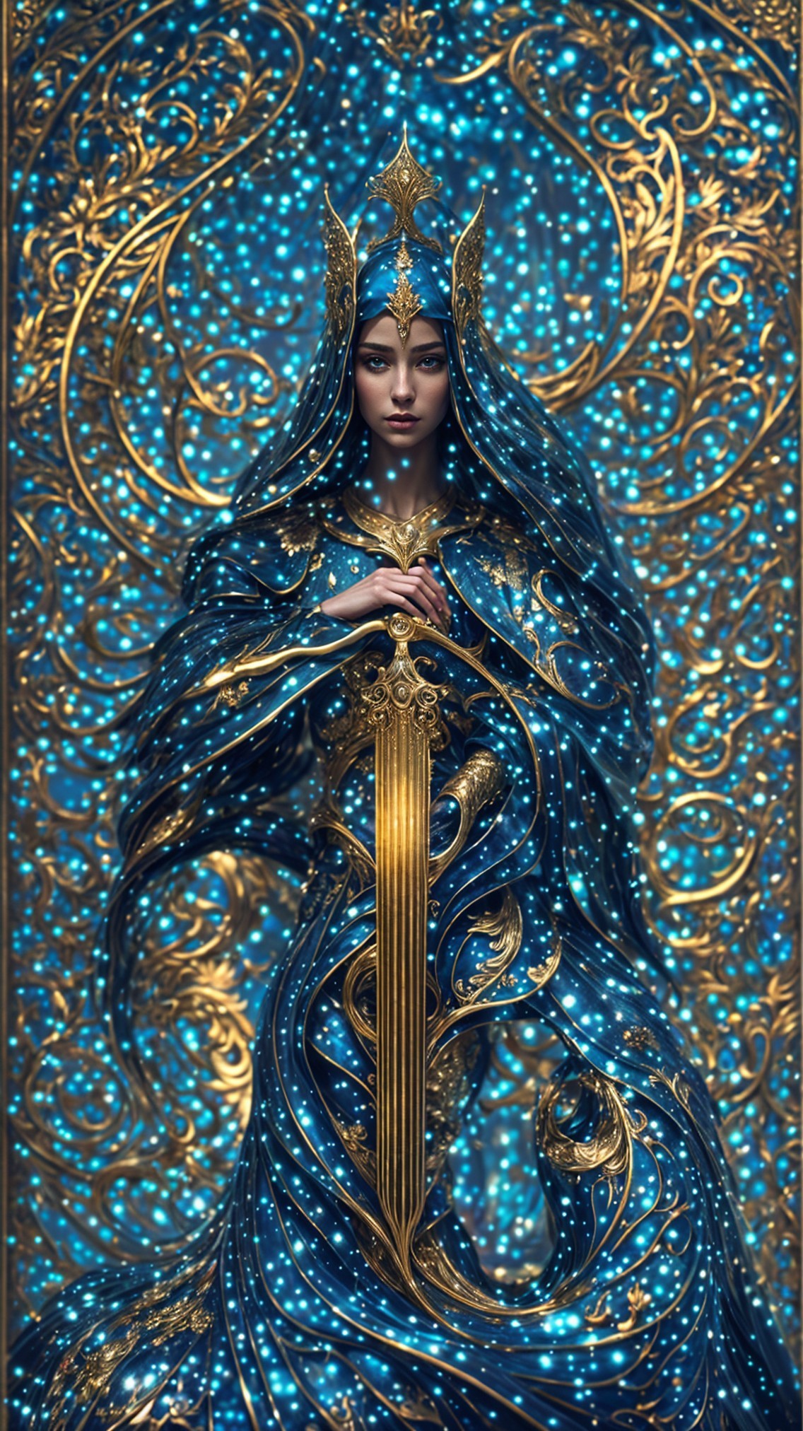 Majestic figure in blue and gold gown with sword