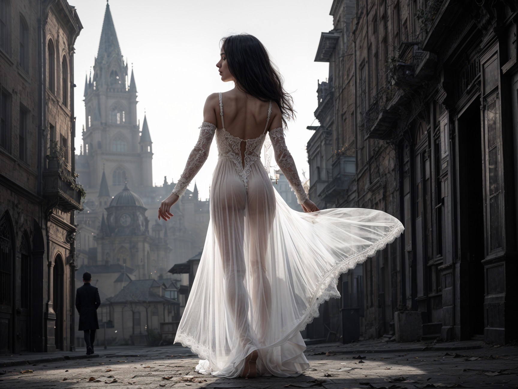 Elegant woman in sheer white gown on cobblestone street