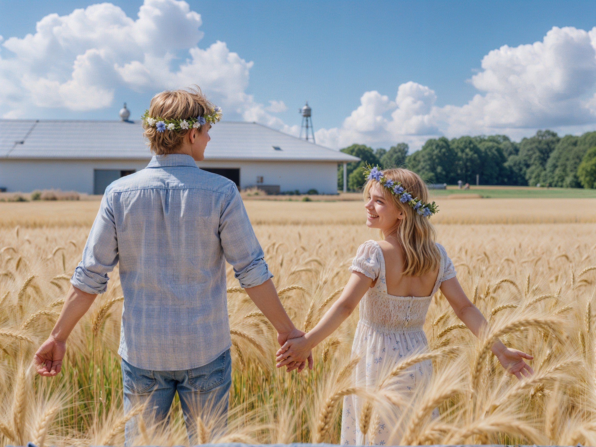 Couple in Casual Attire in a Wheat Field with Barn