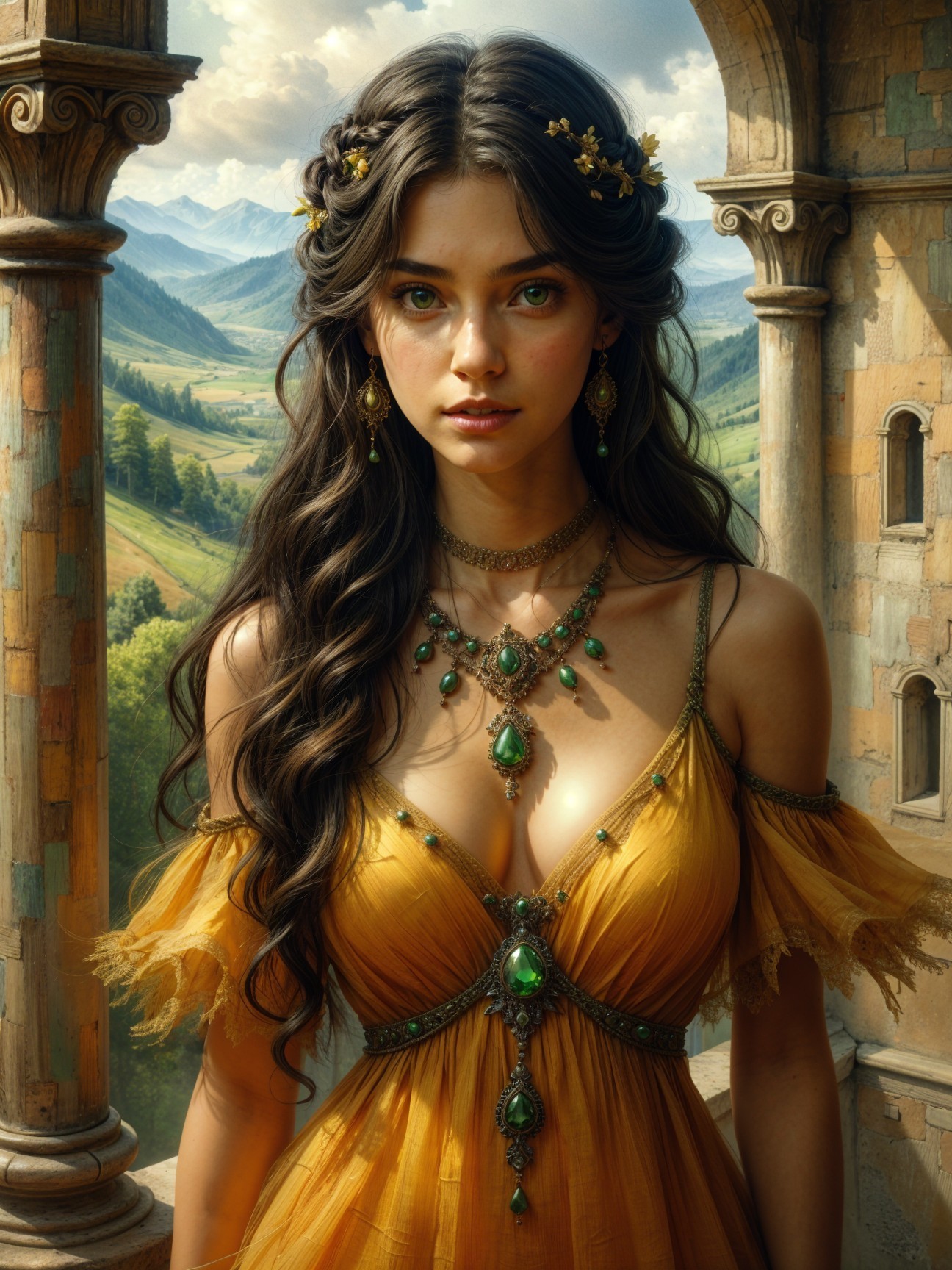 Young woman in yellow dress in picturesque landscape