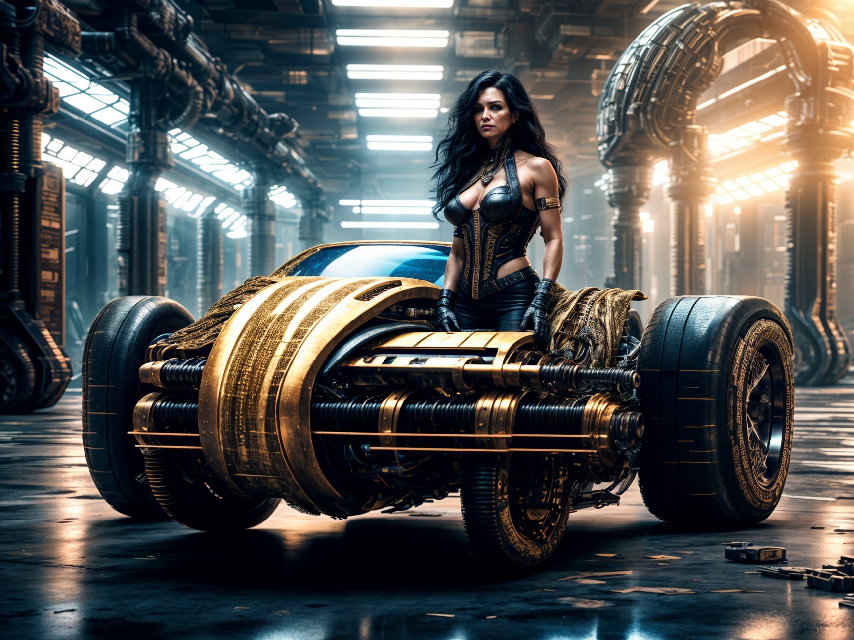 Futuristic Scene with Powerful Woman and High-Tech Car