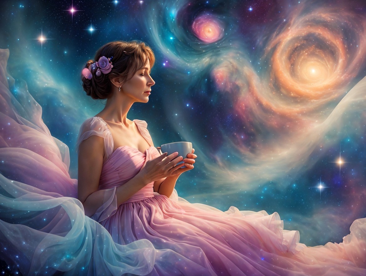 Woman in Pink Gown Against Cosmic Backdrop