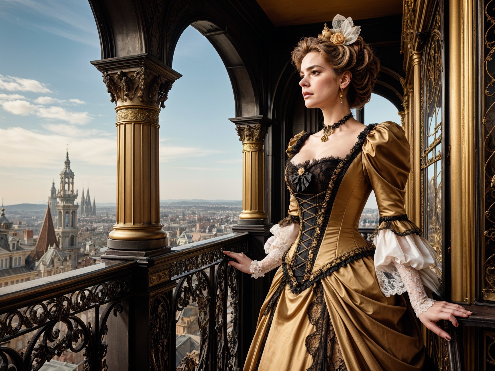 Woman in Golden Gown Overlooking Cityscape