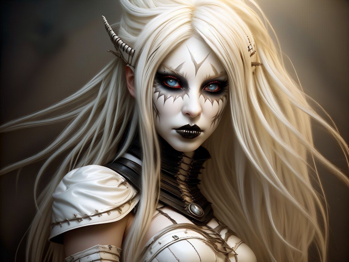 Portrait of a female elf with pale skin and markings