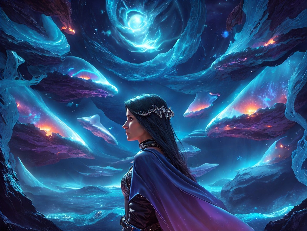 Mystical Figure in Cosmic Galaxy Setting