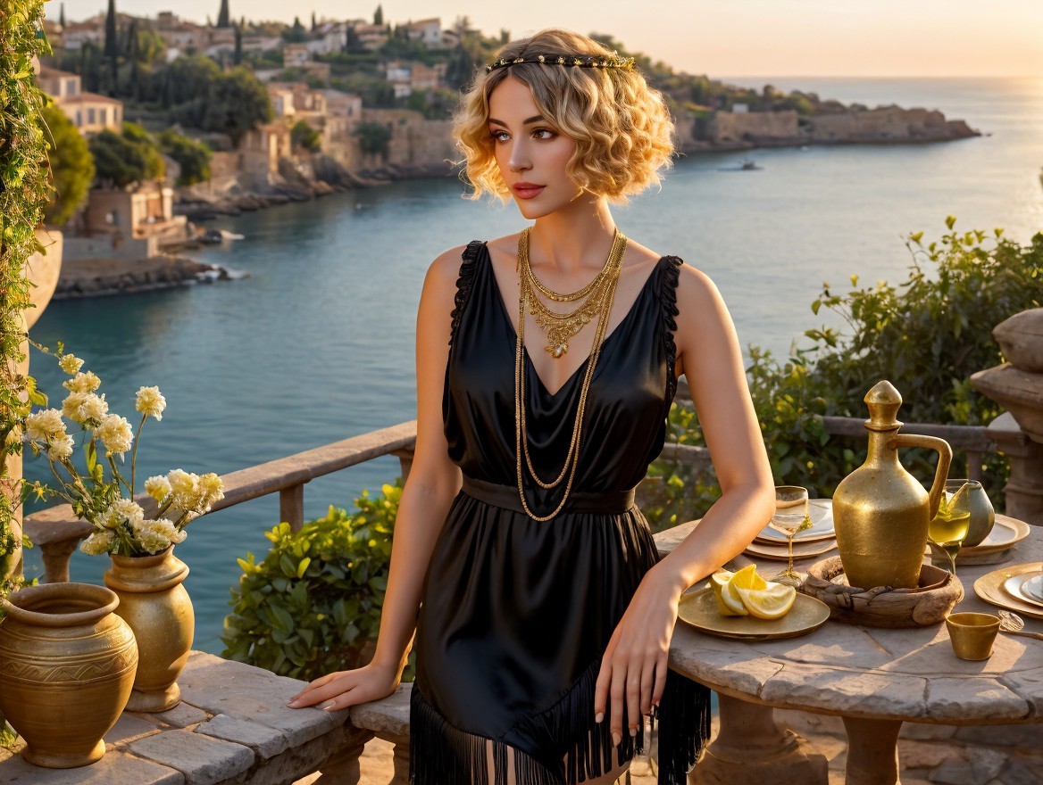 Woman in Black Dress at Scenic Overlook at Sunset