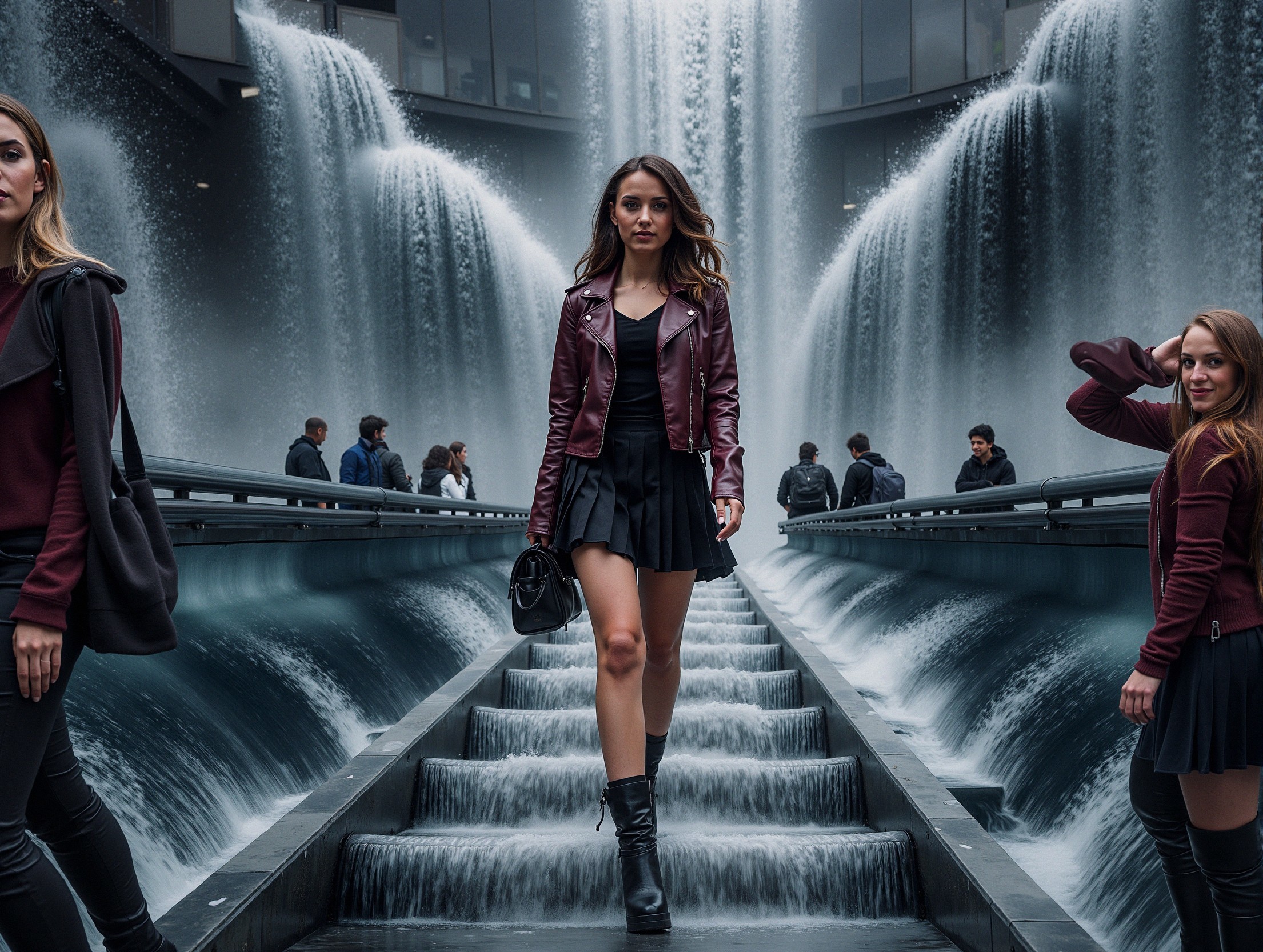 Stylish Woman in Urban Setting with Waterfalls