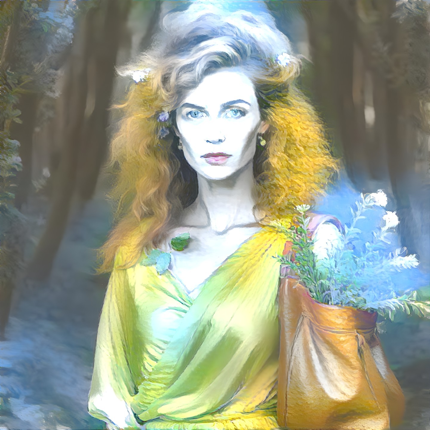 Woman in Yellow Dress with Curly Hair in Forest