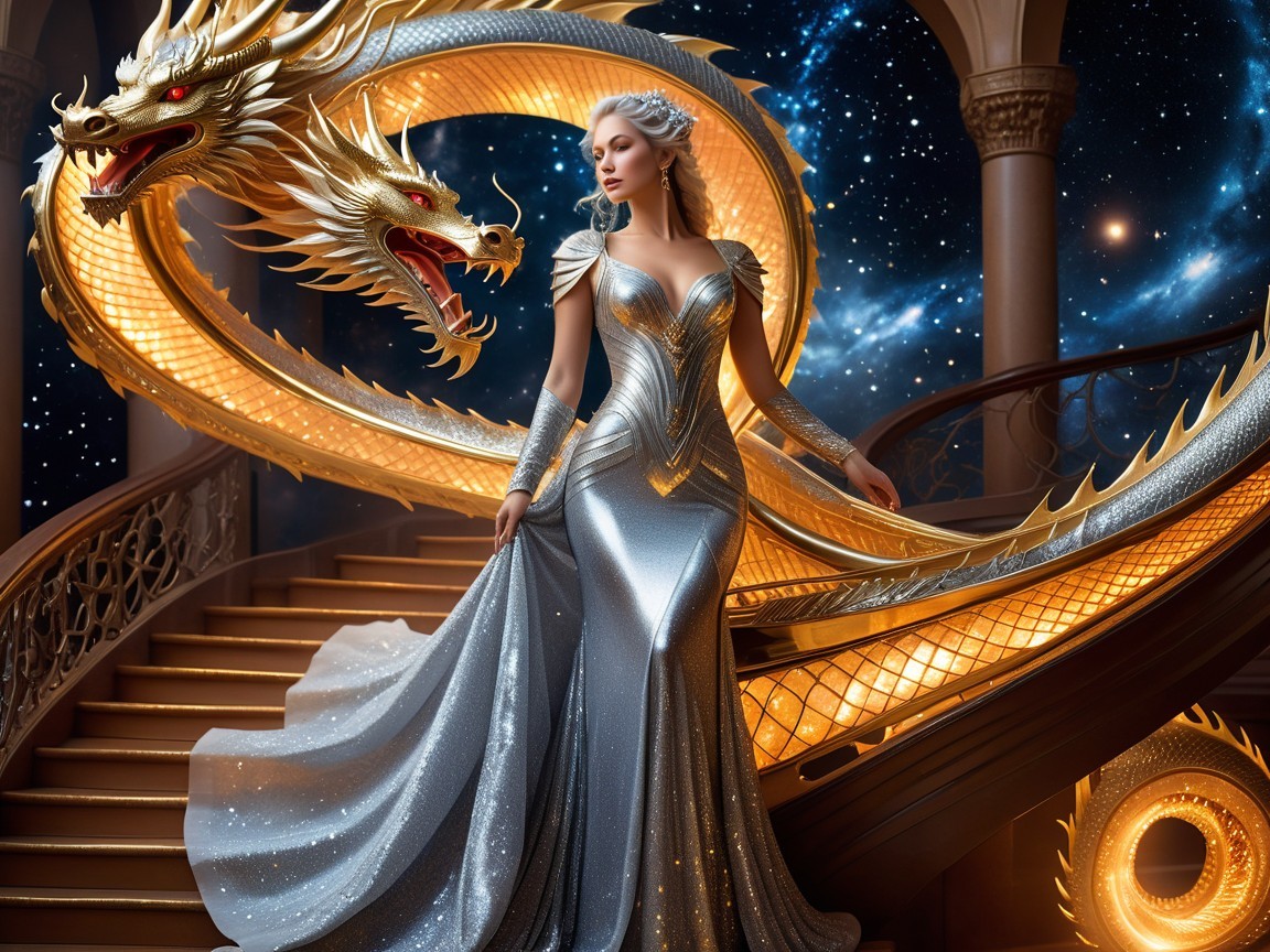 Blond Woman in Silver Gown with Two-Headed Dragon