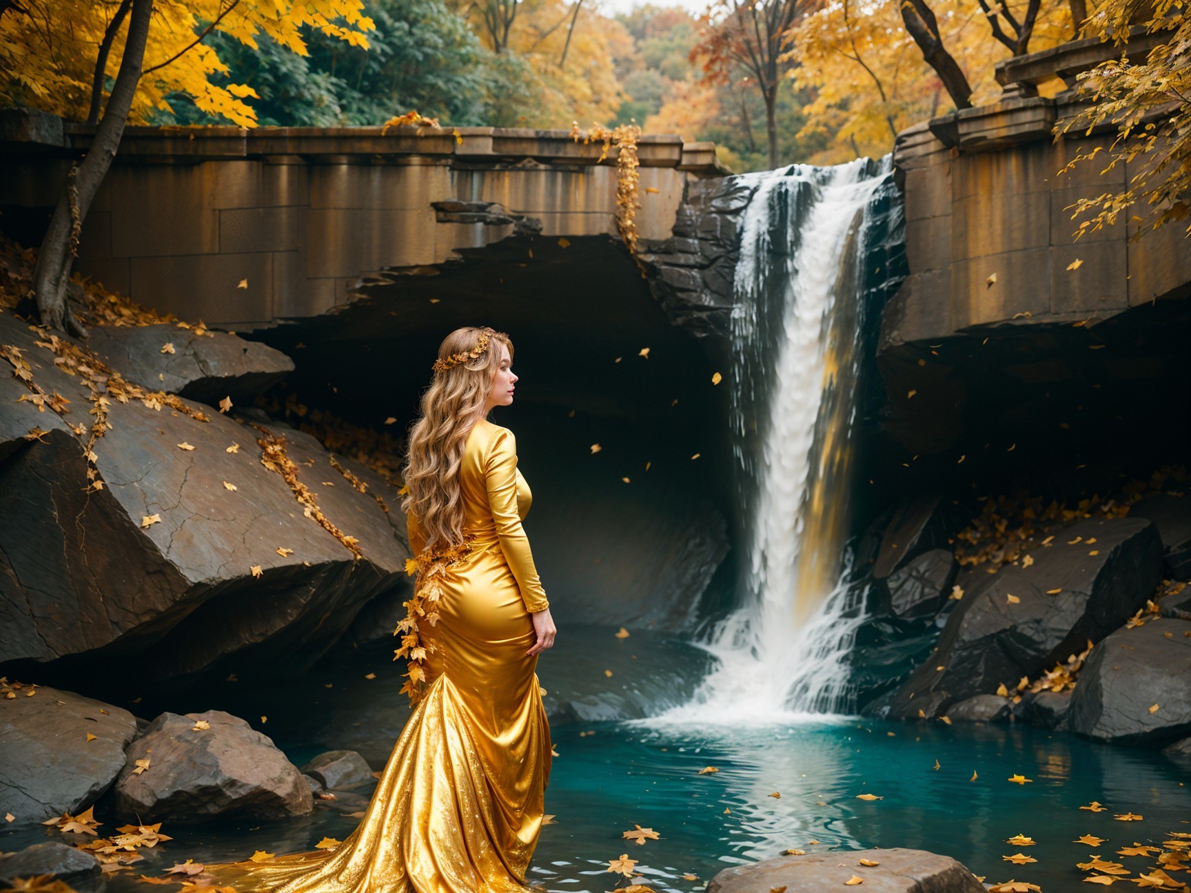 Woman in golden gown by serene autumn waterfall