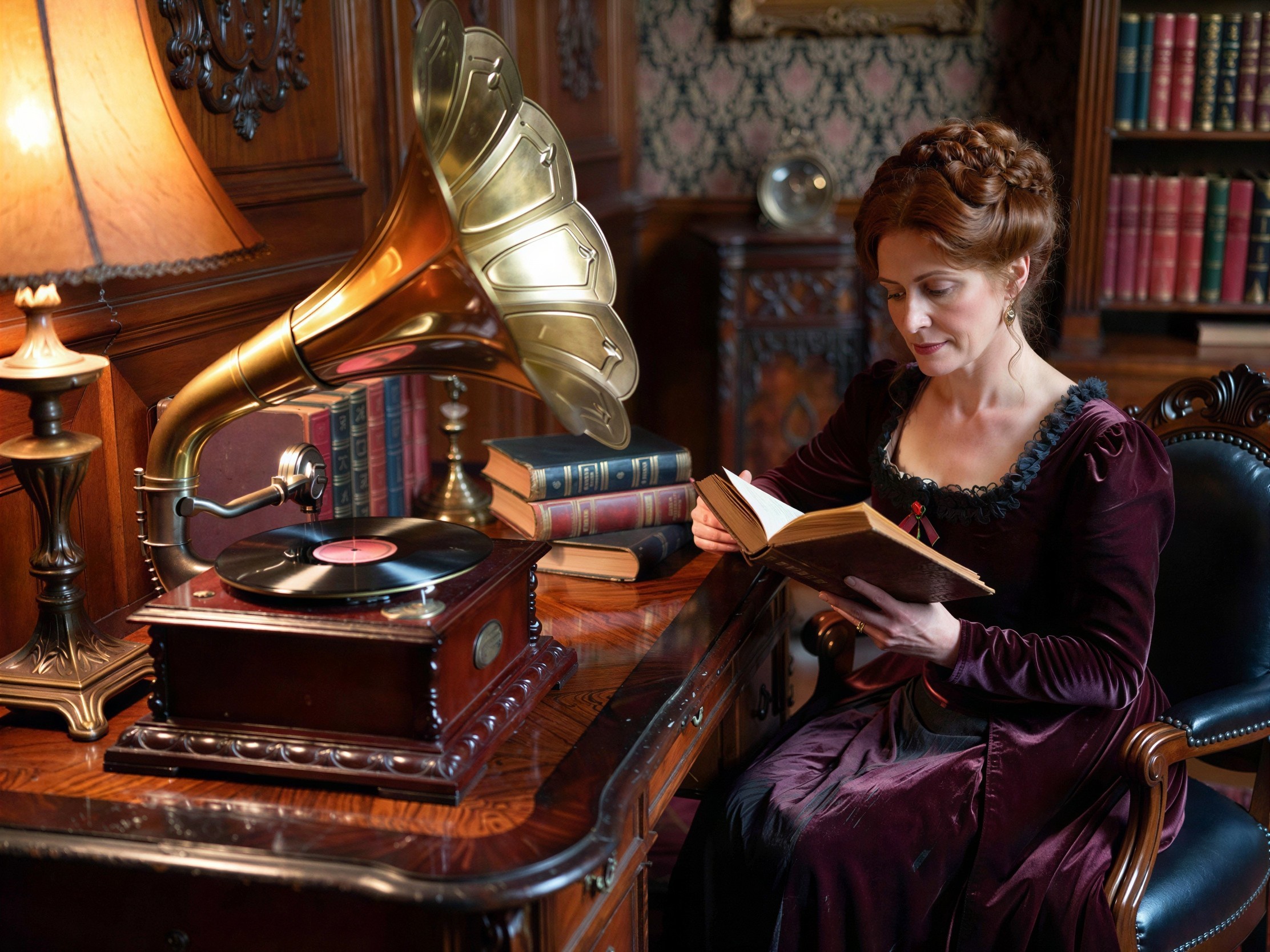 Victorian Study with Woman in Velvet Gown Reading