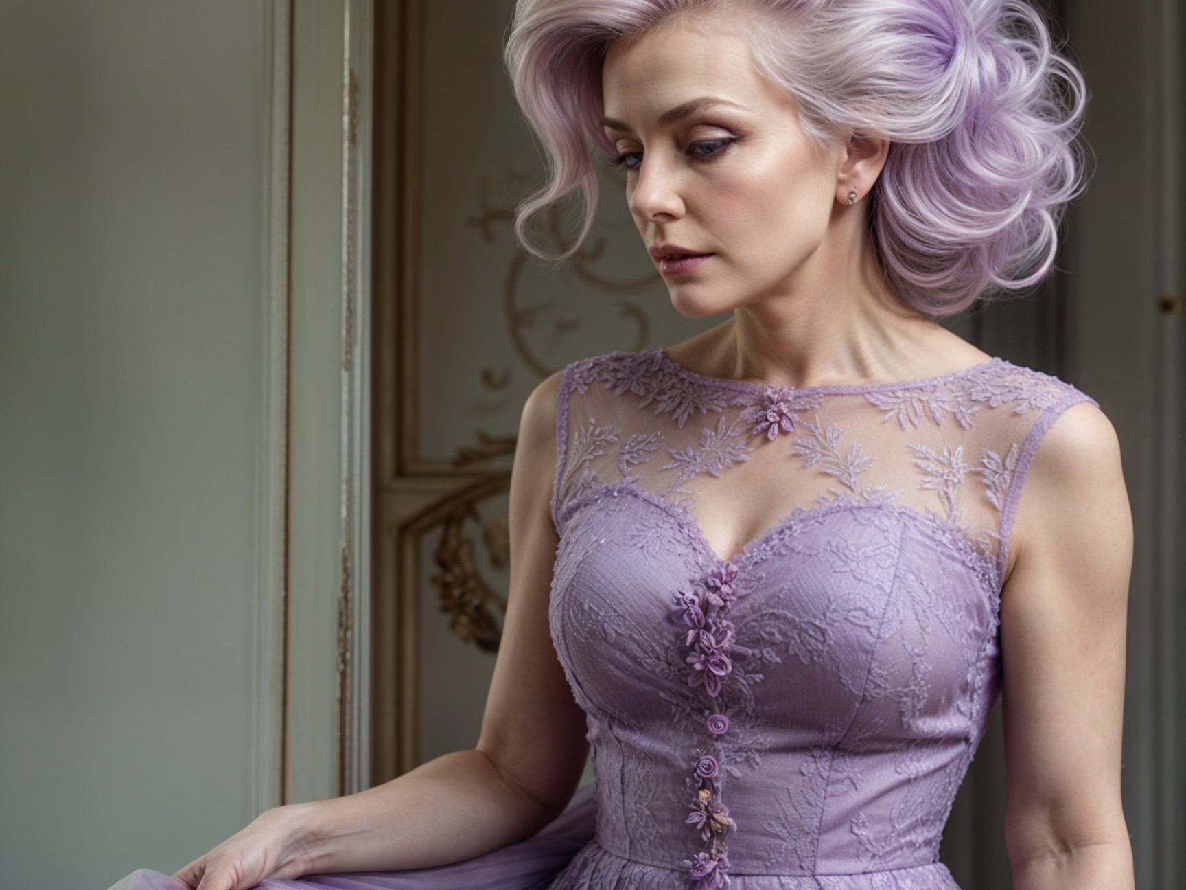Thoughtful Woman in Elegant Lavender Dress and Hair