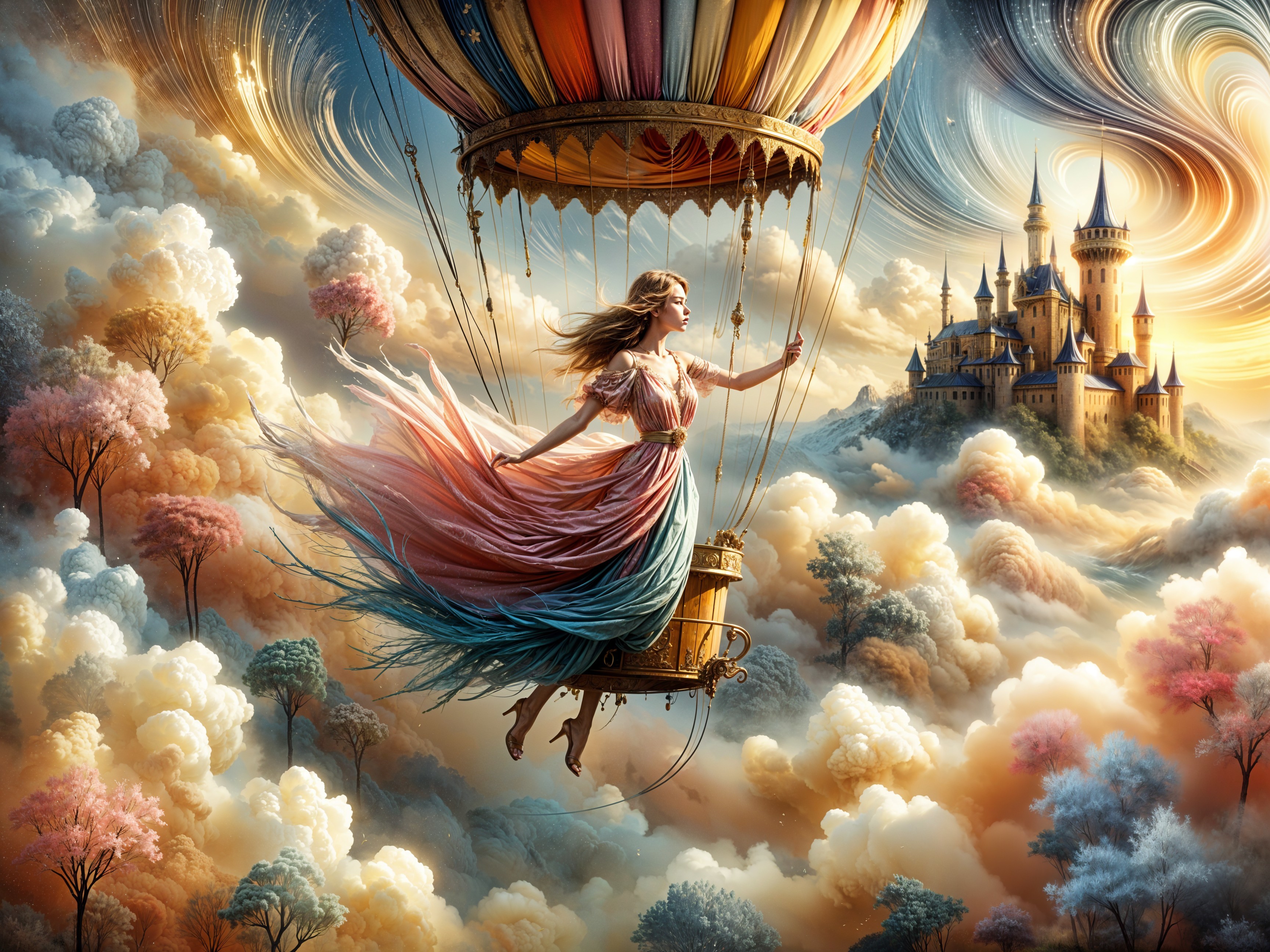Woman in Pastel Dress in Colorful Hot Air Balloon