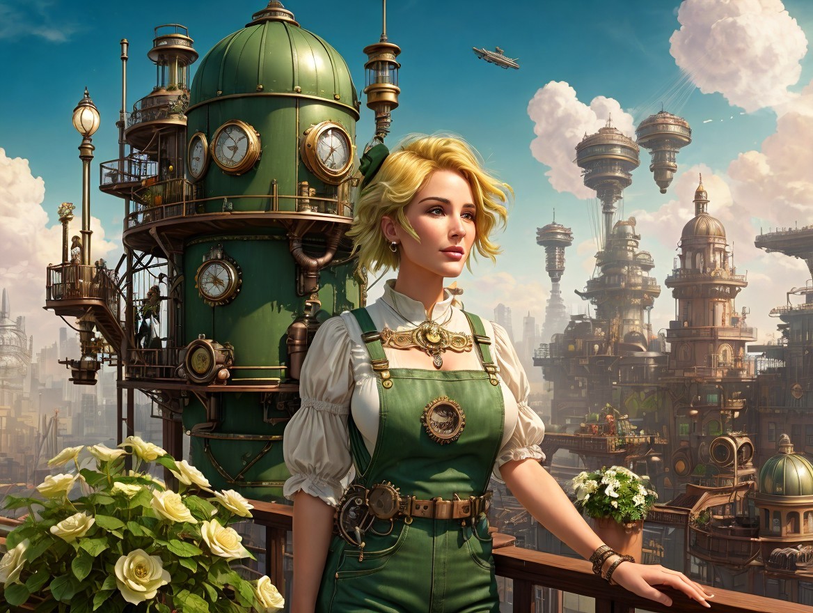 Steampunk Scene with Woman in Green Outfit and Flowers