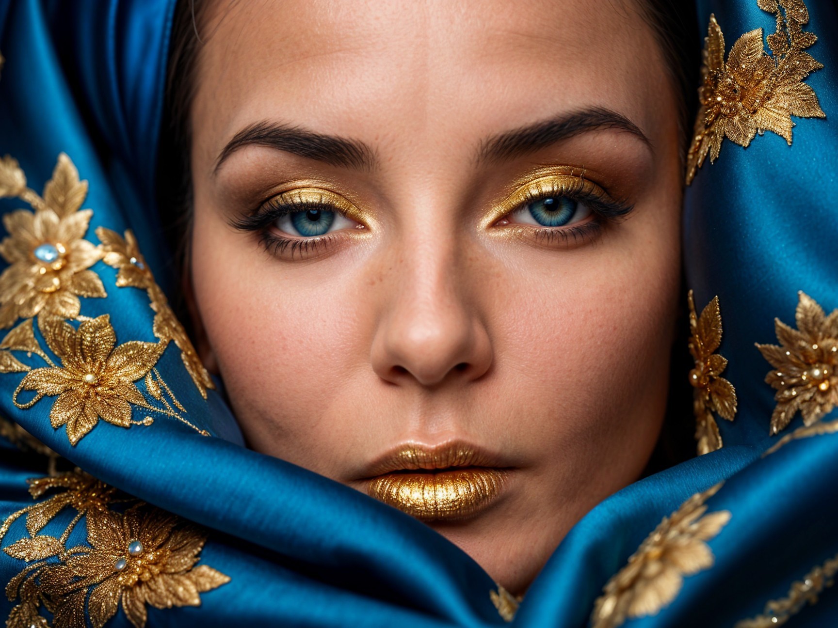 Close-Up Portrait of Woman with Blue Scarf and Makeup