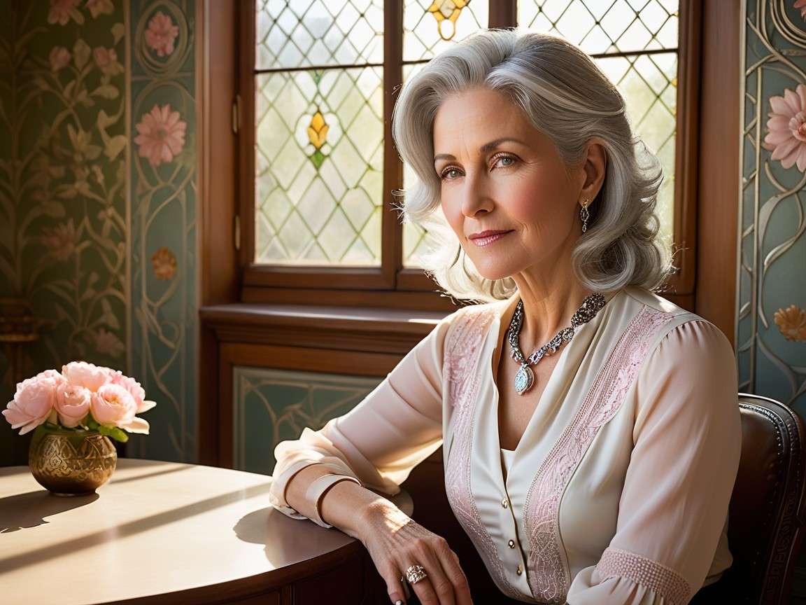 Elegant Older Woman at Adorned Wooden Table