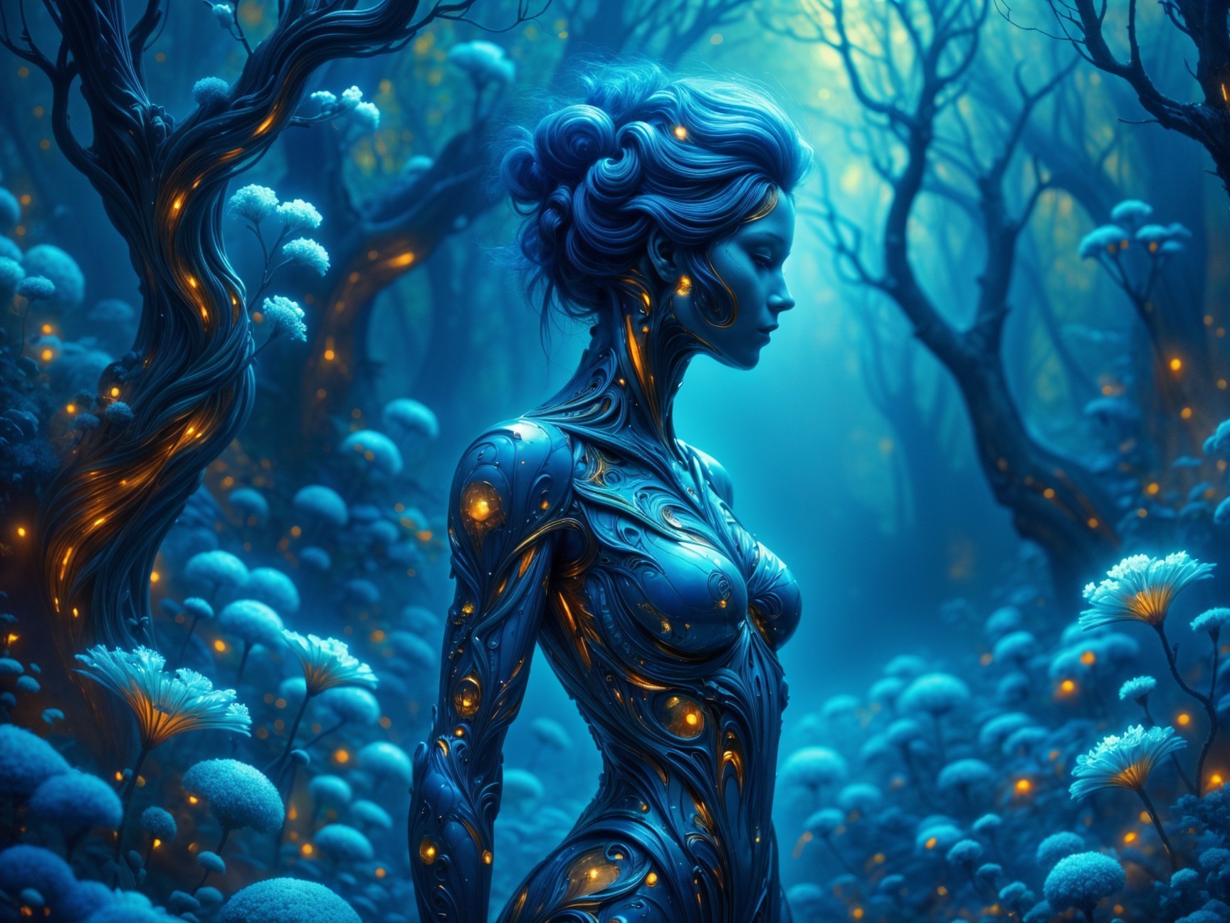 Surreal Forest Scene with Glowing Female Figure