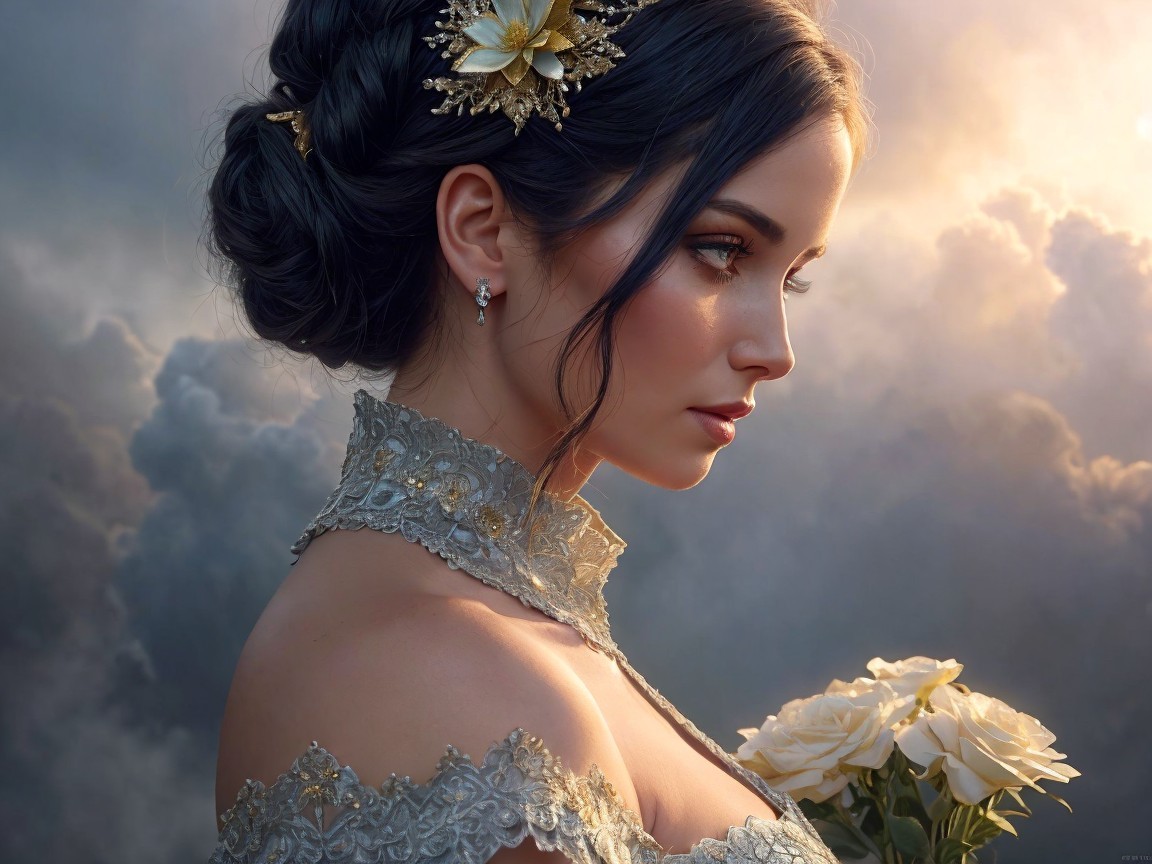 Elegant Woman in Lace Dress with White Roses