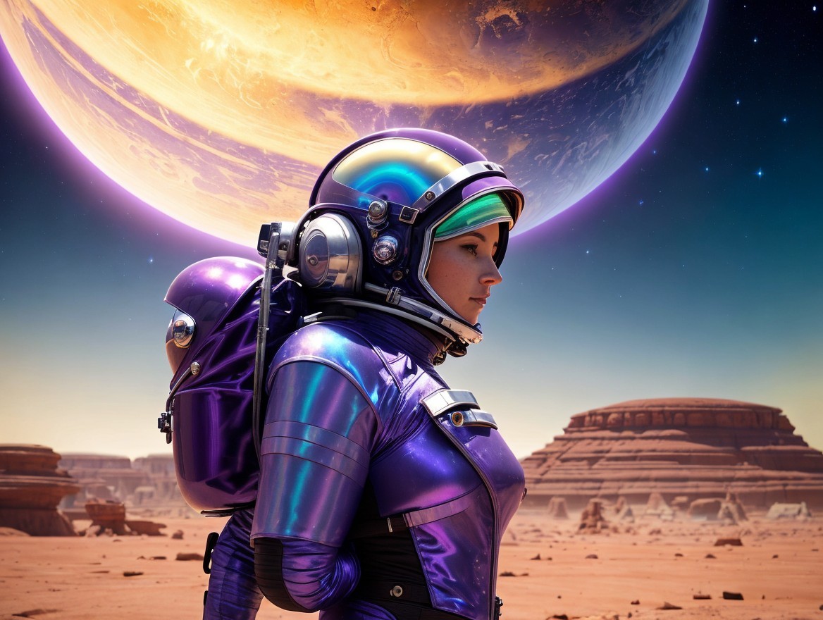 Futuristic Astronaut on Alien Landscape with Planet