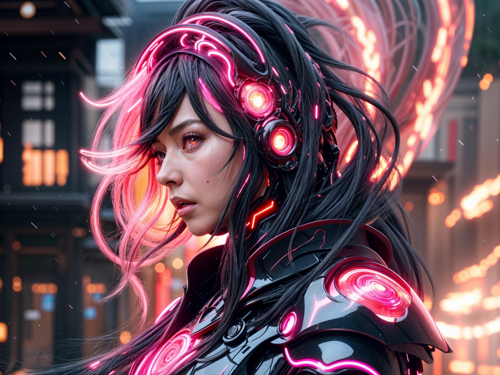 Futuristic Woman in Neon Armor Against Cyberpunk Cityscape