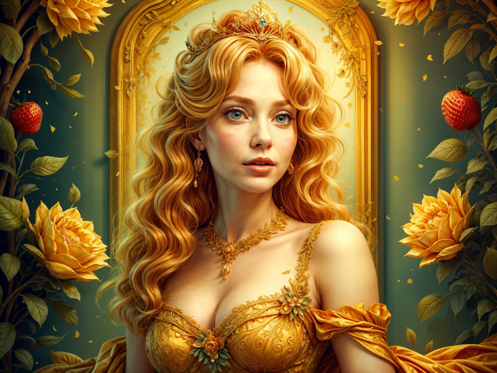 Portrait of a woman in gold dress with floral motifs