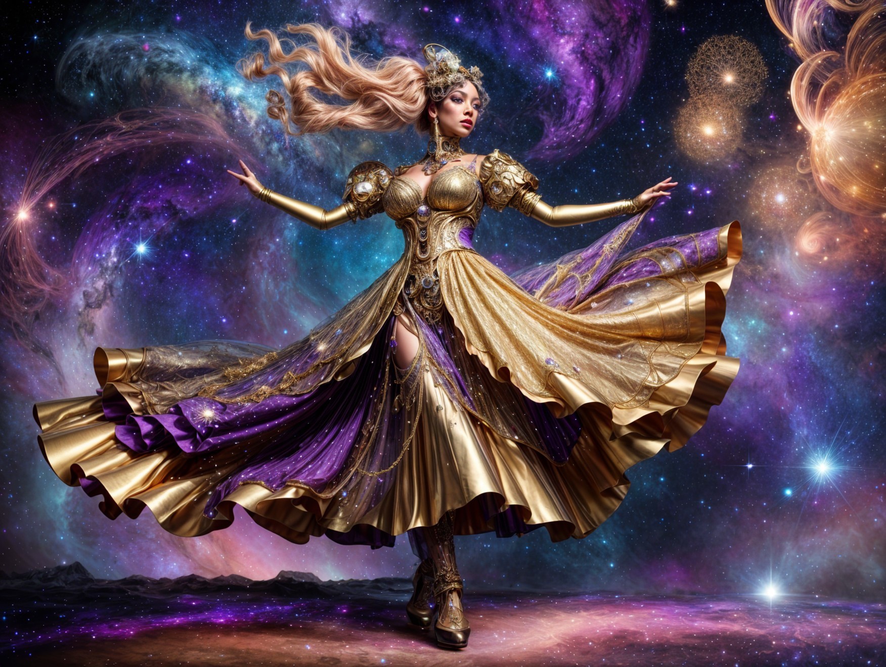 Cosmic-themed gown with shimmering designs and galaxy backdrop