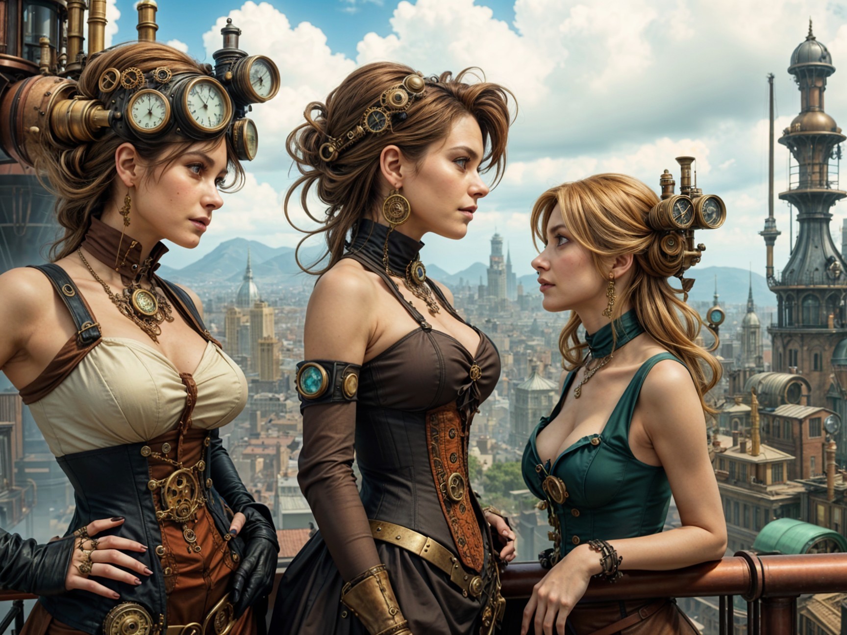 Elegant Women in Steampunk Attire Overlooking Cityscape