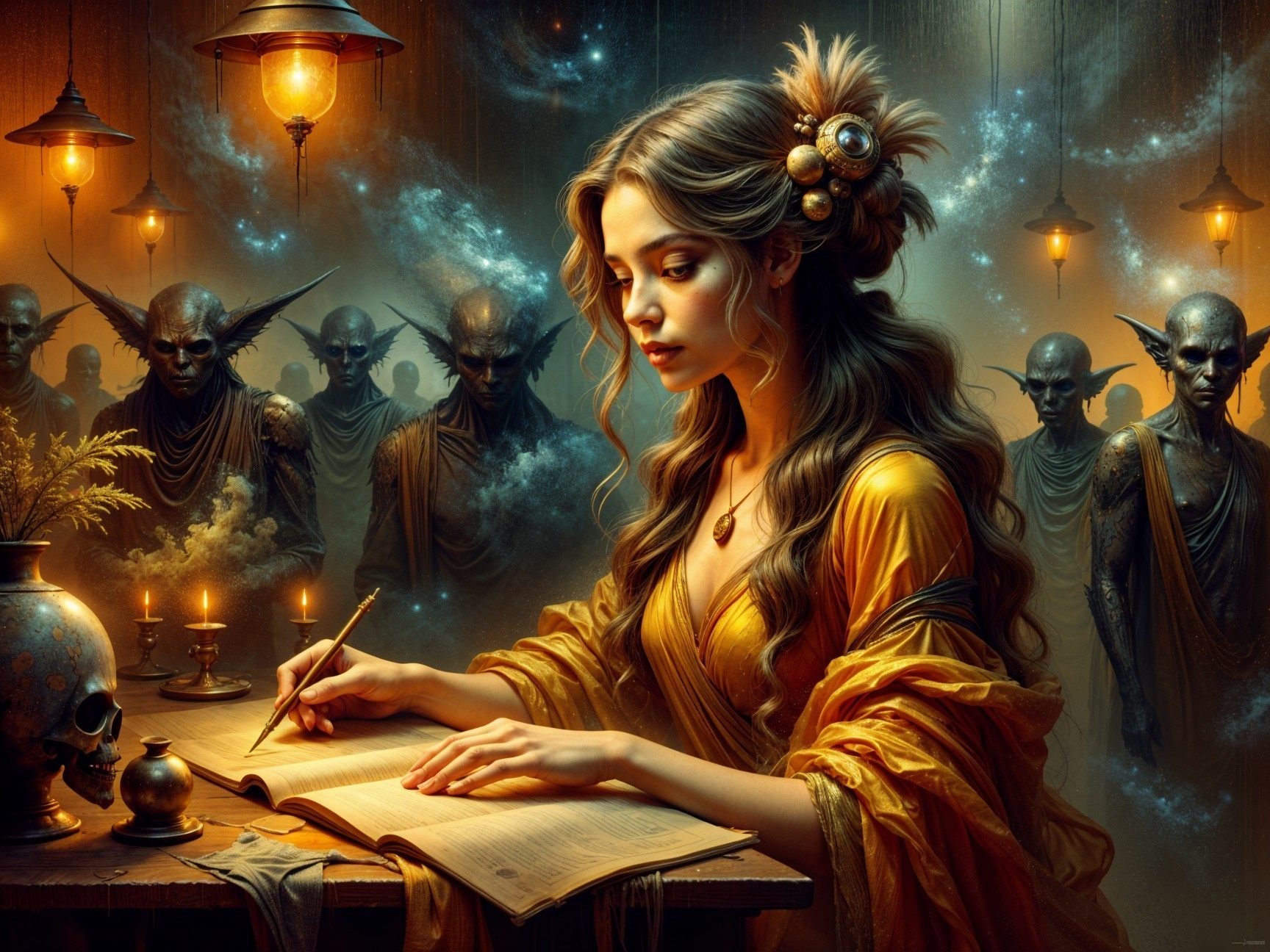 Woman in golden gown writing in candlelit room