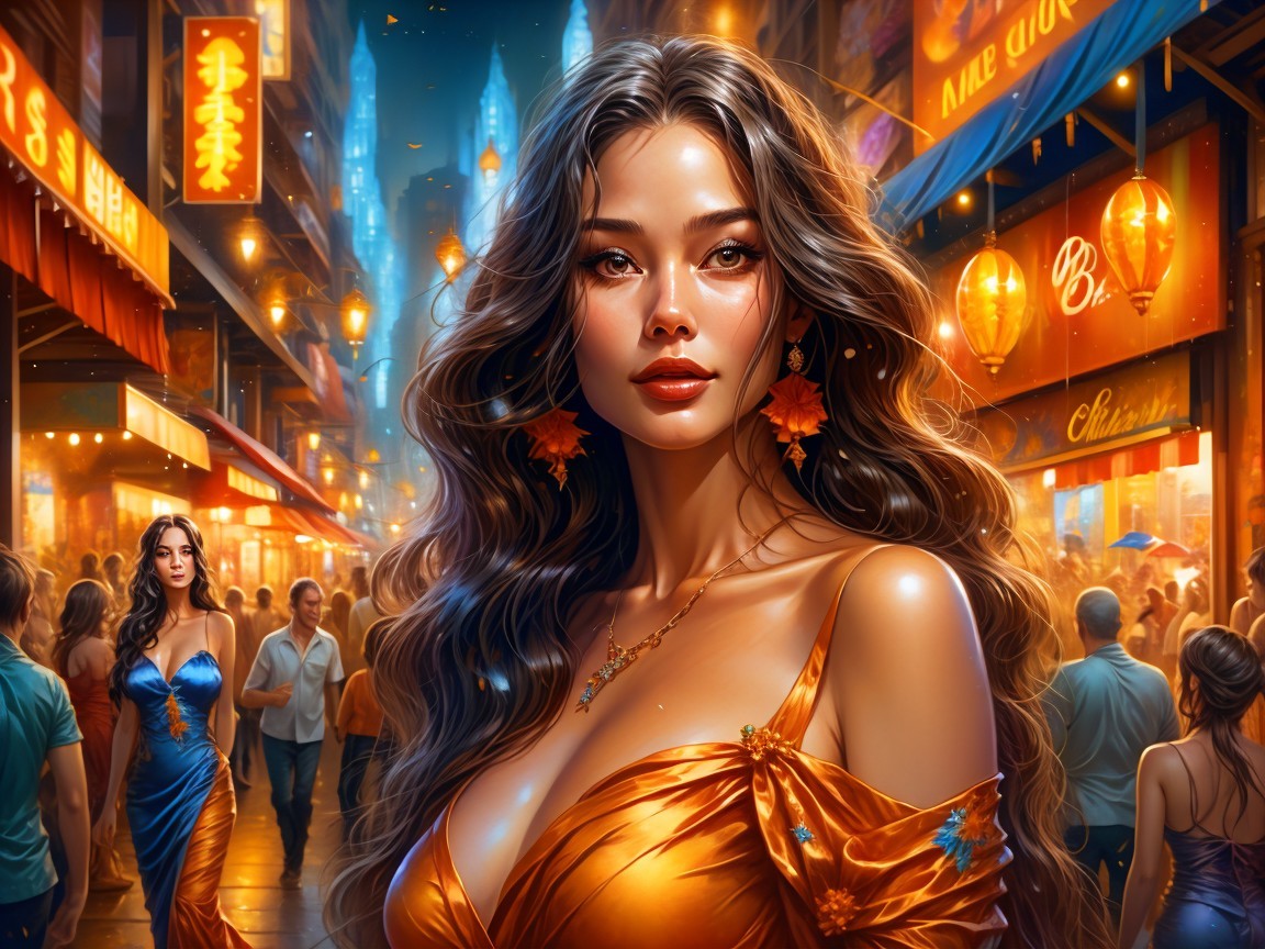 Vibrant Nighttime Street Scene with Colorful Lanterns
