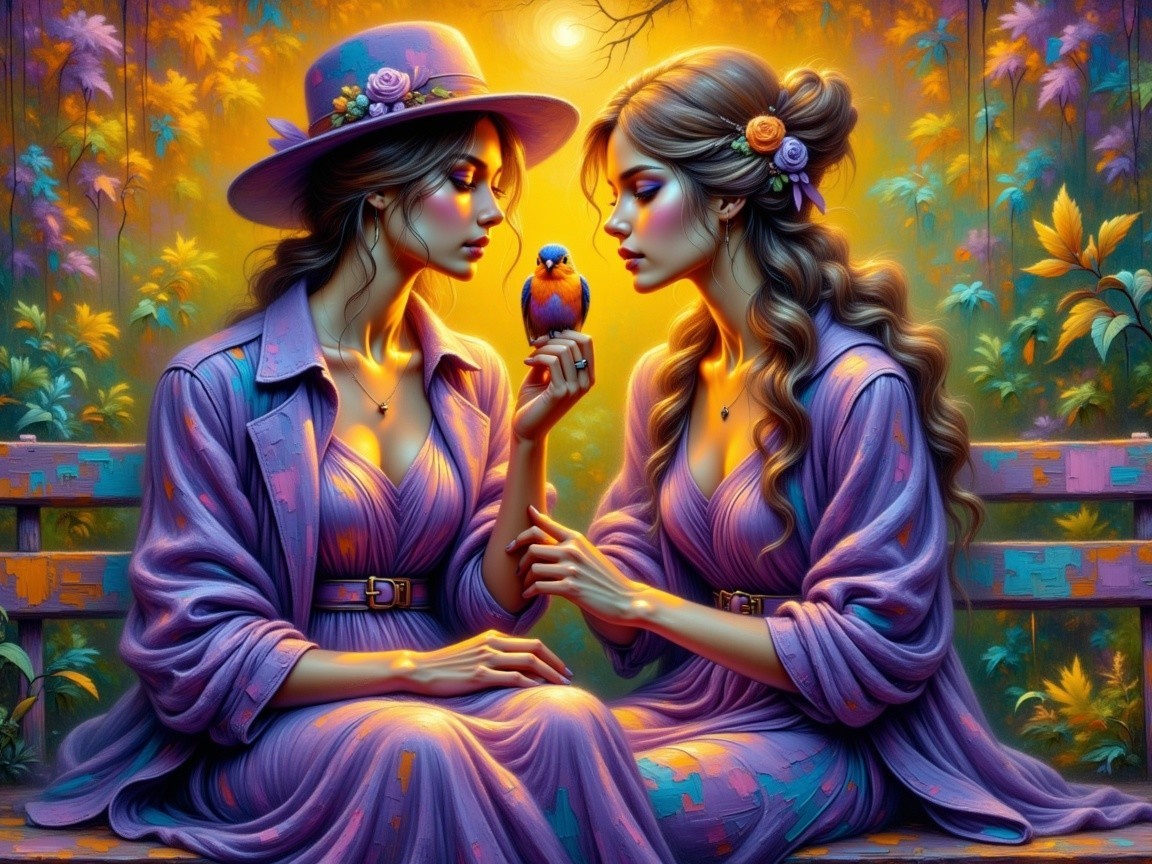 Women in Purple Dresses Interacting with a Bird in Garden