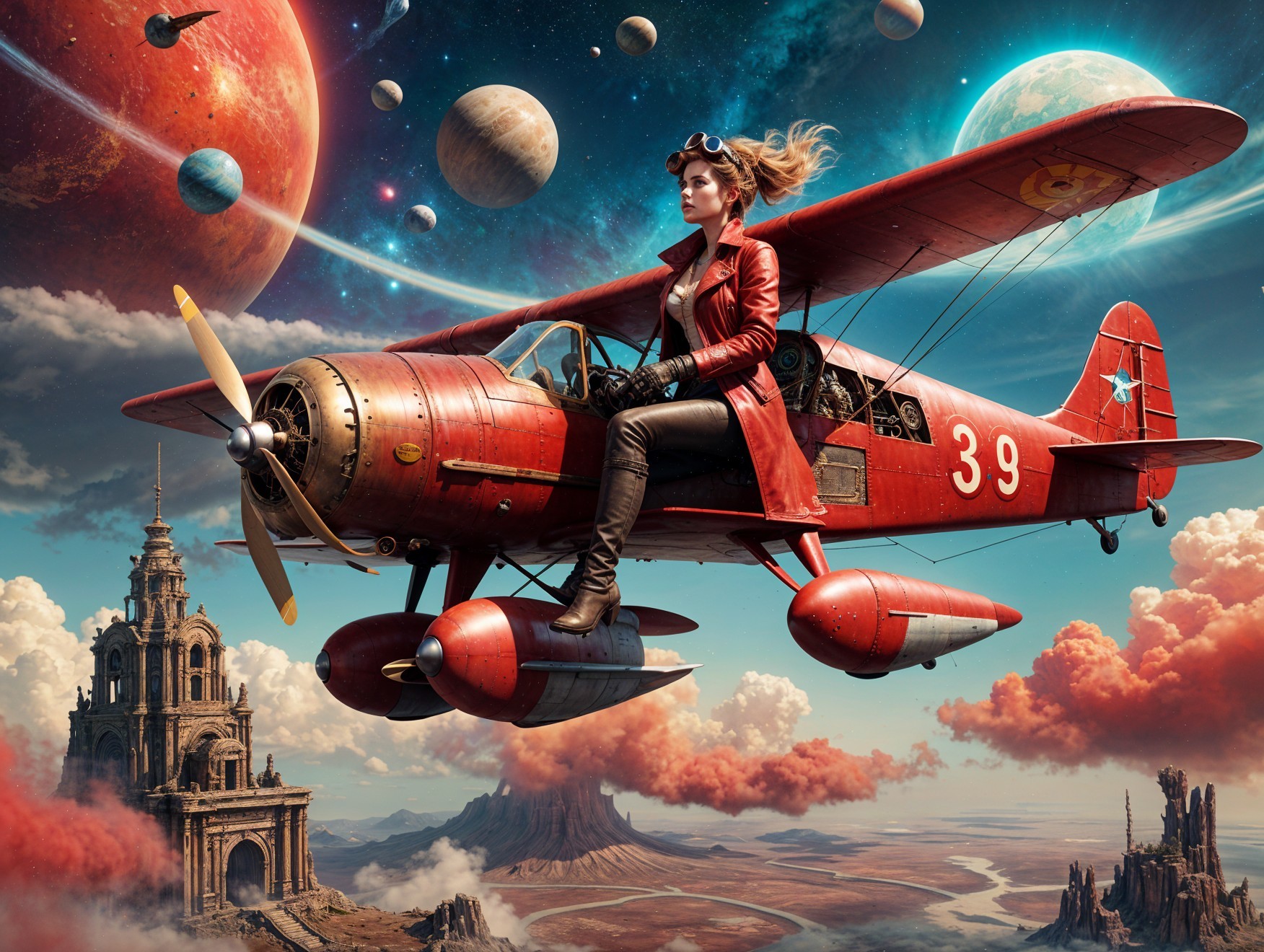 Aviator in Vintage Biplane Amid Cosmic Landscape