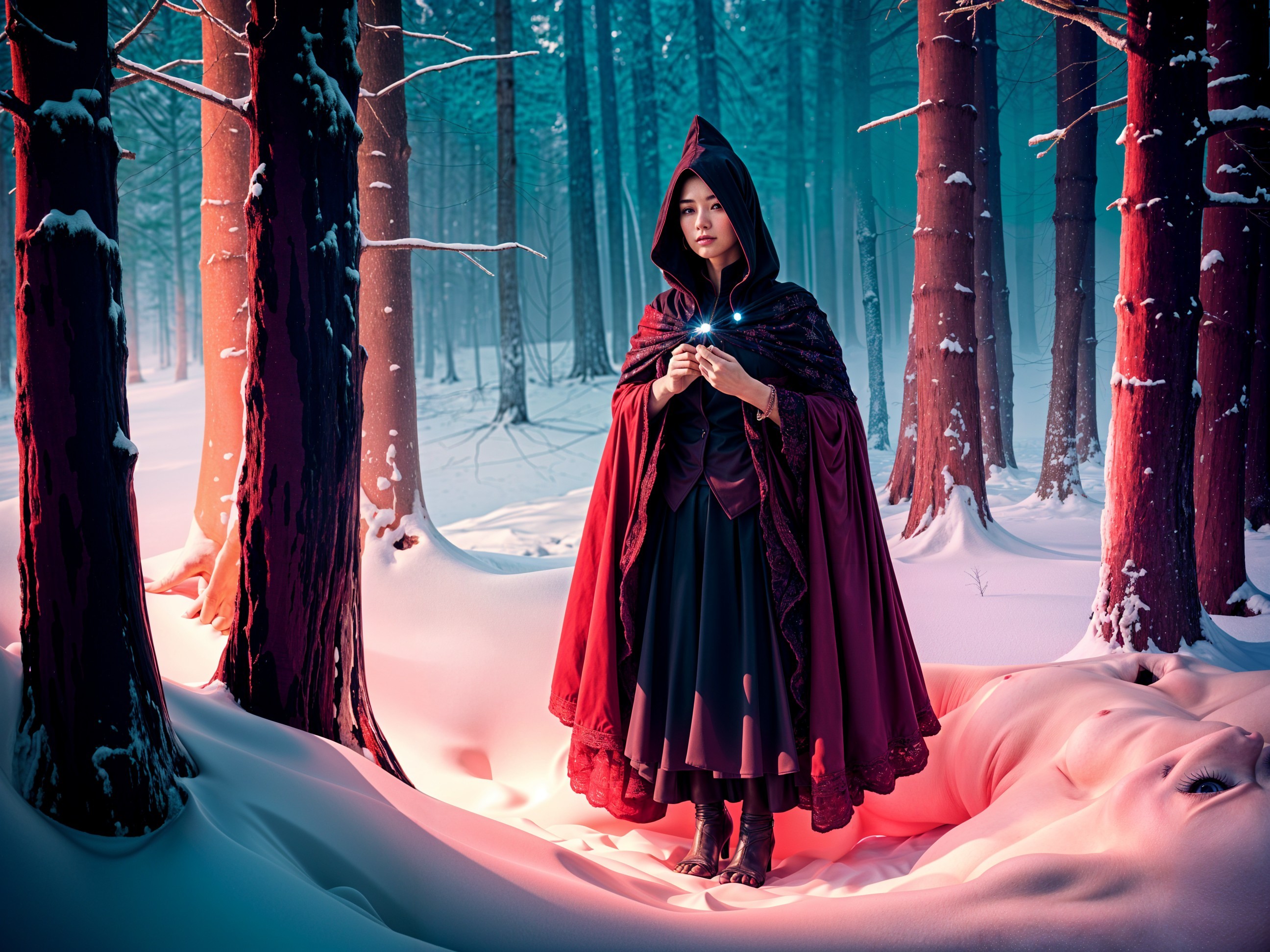 Young Woman in Red Cloak in Mystical Winter Forest