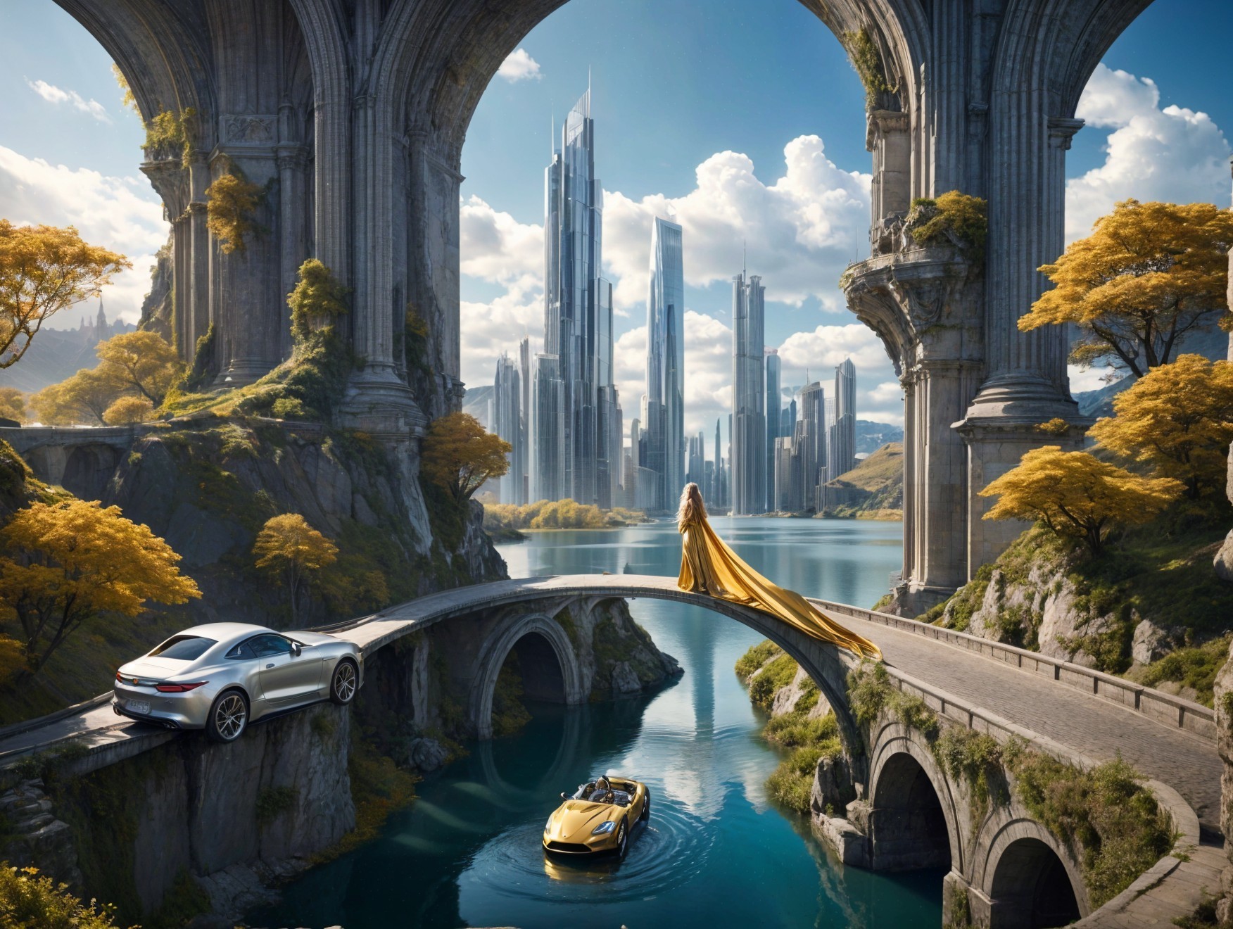 Futuristic Landscape with Arches, Water, and Skyscrapers