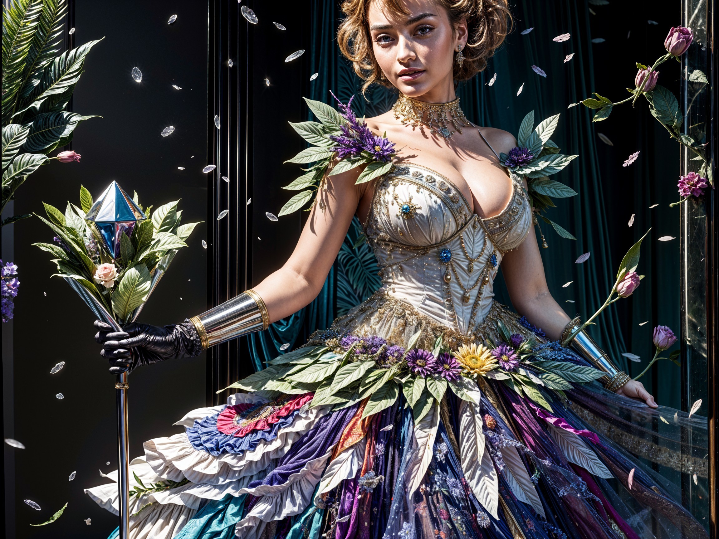 Elegant Woman in Vibrant Floral Gown with Staff