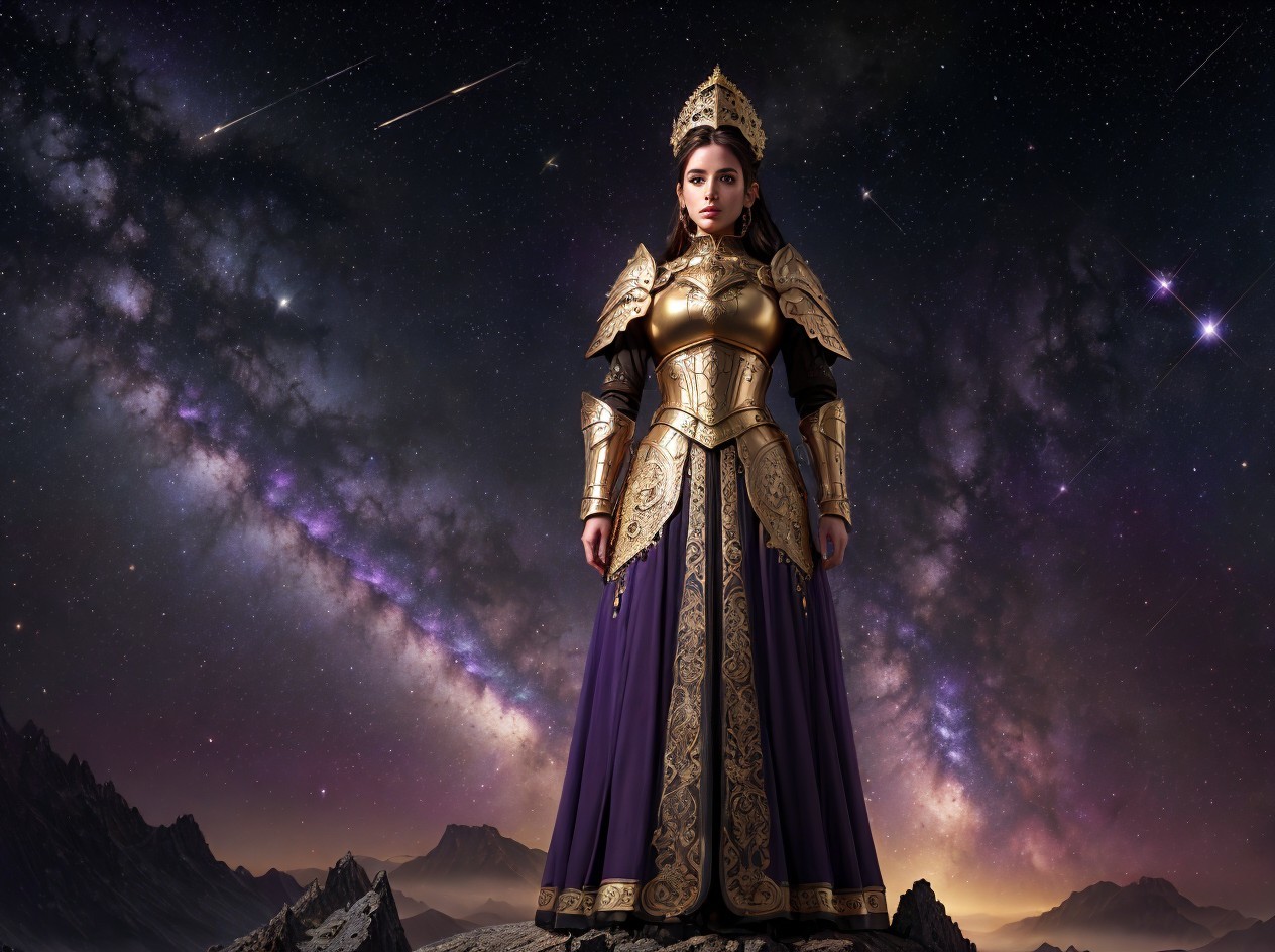 Young Woman in Golden Armor on Mountain Peak at Night