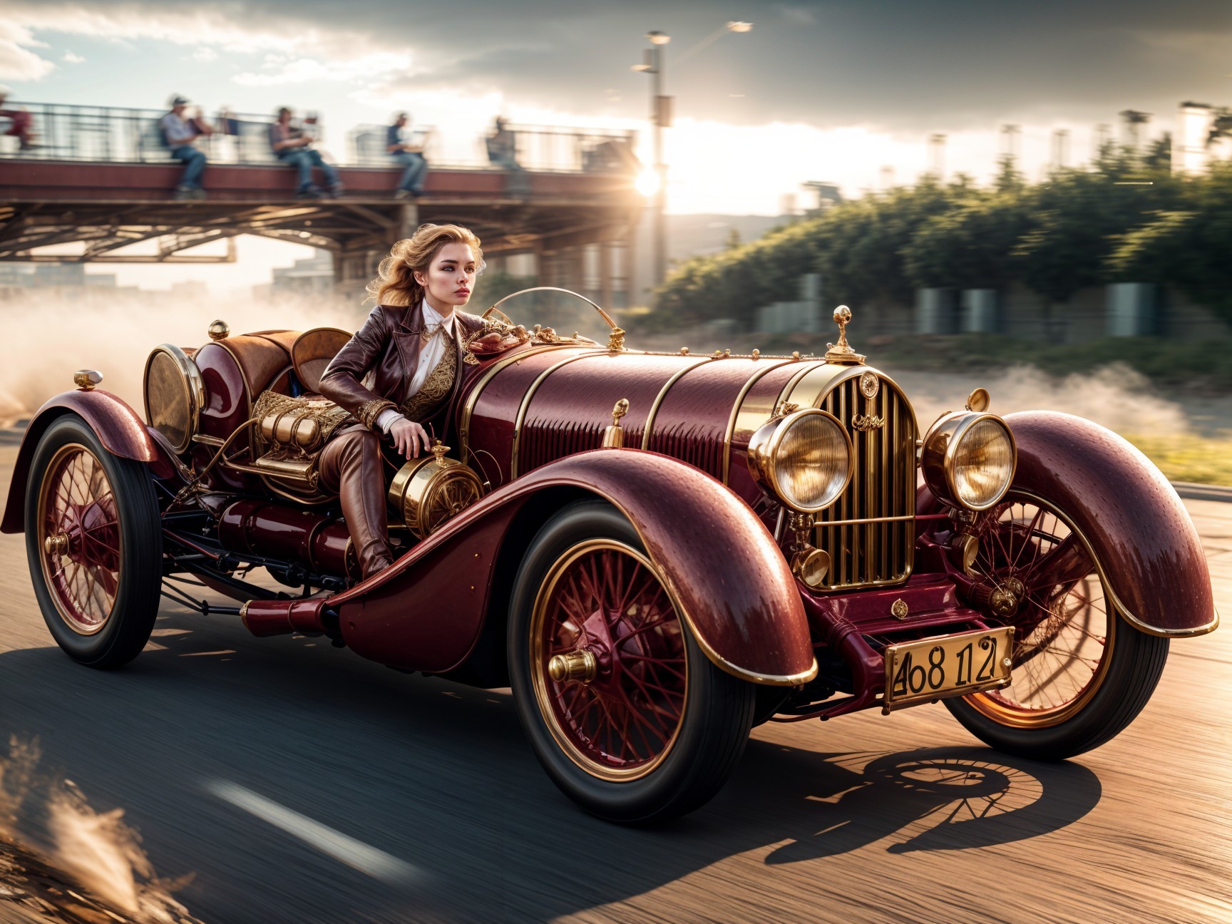 Vintage race car on scenic road at sunset