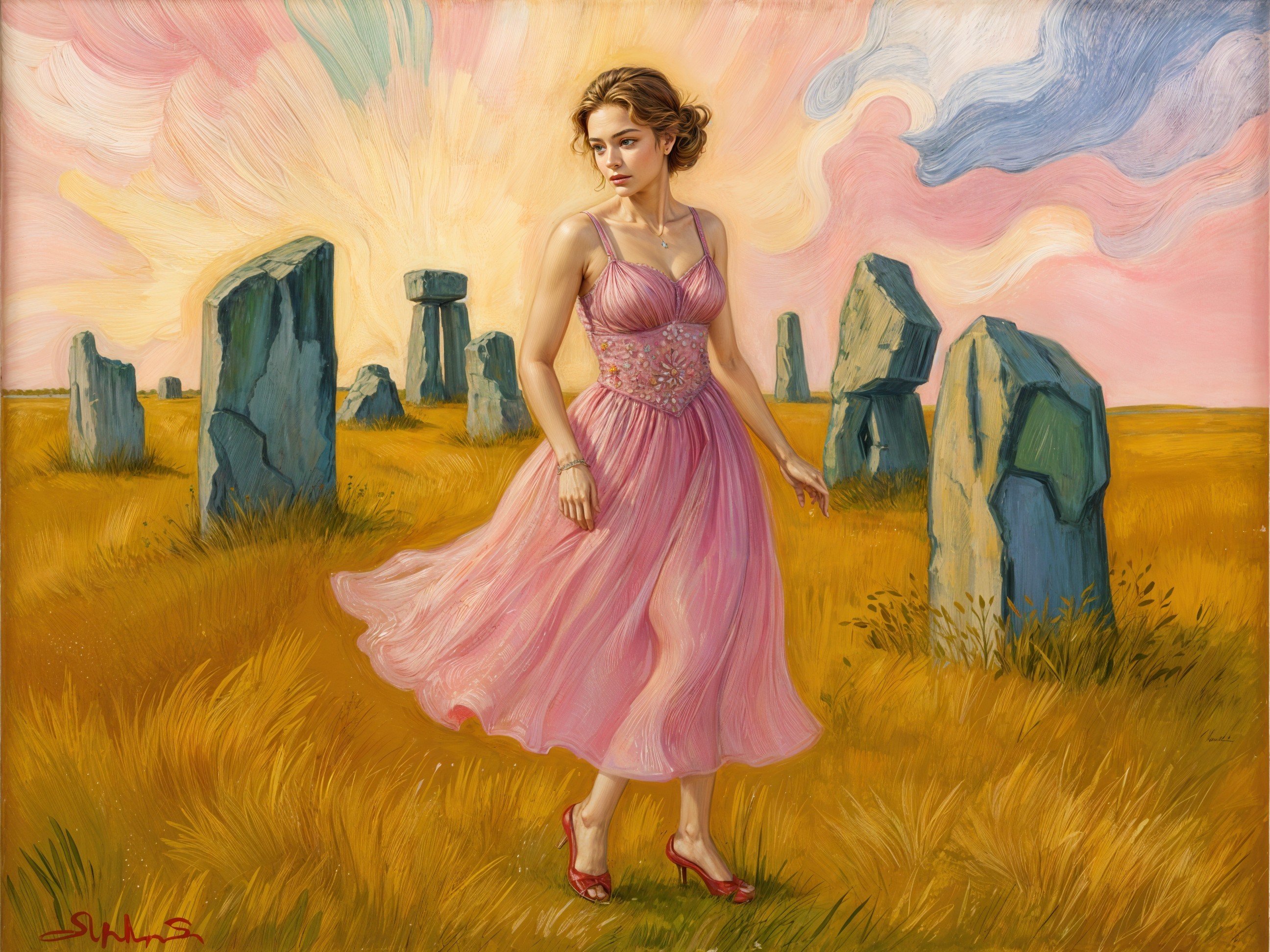 Young Woman in Pink Dress Among Ancient Stone Formations