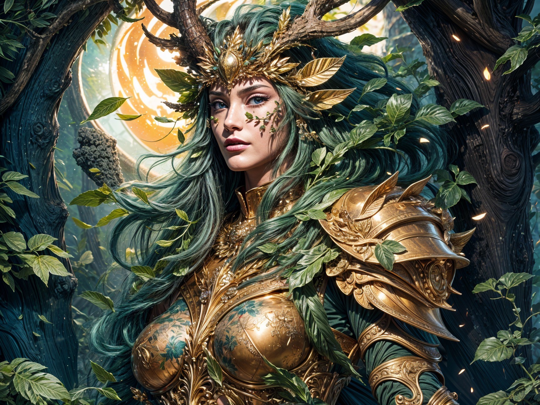 Fierce Woman in Ornate Golden Armor Surrounded by Nature