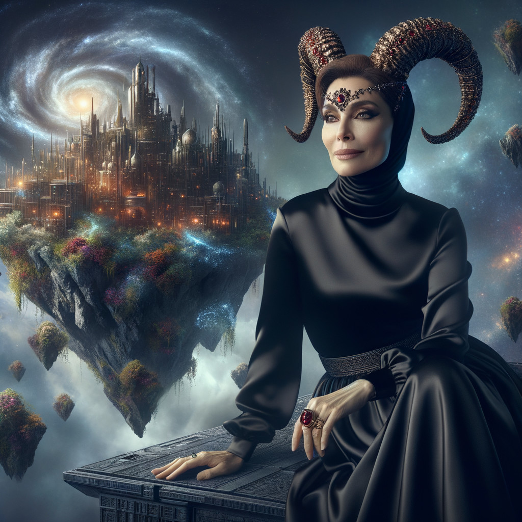 Regal figure in elegant gown against futuristic cityscape