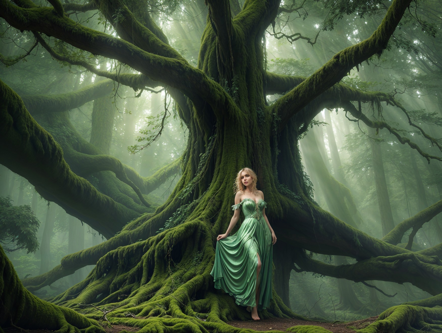 Mystical forest scene with ancient tree and woman