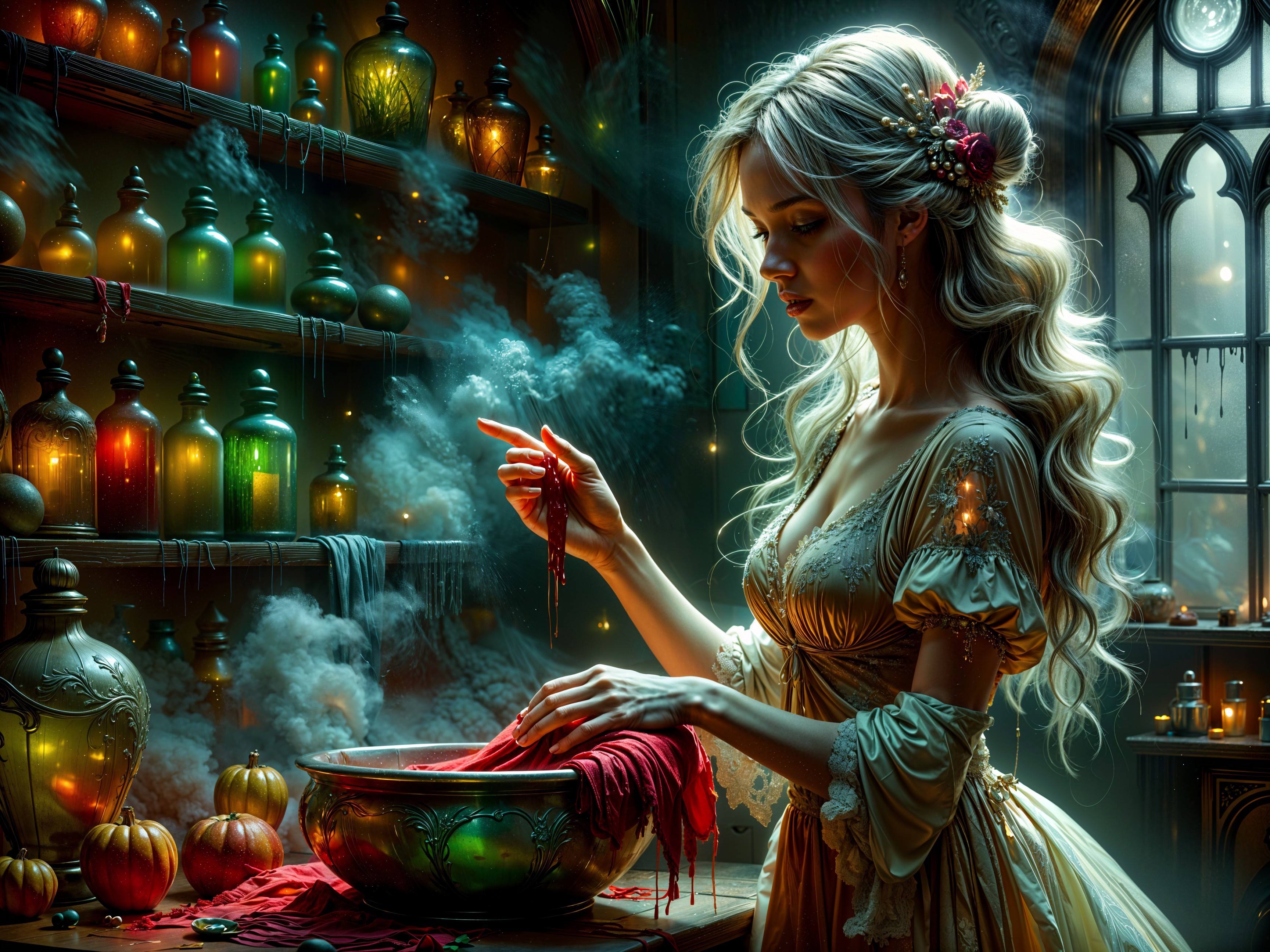 Enchanting Potion Shop with Bubbling Cauldron and Vials