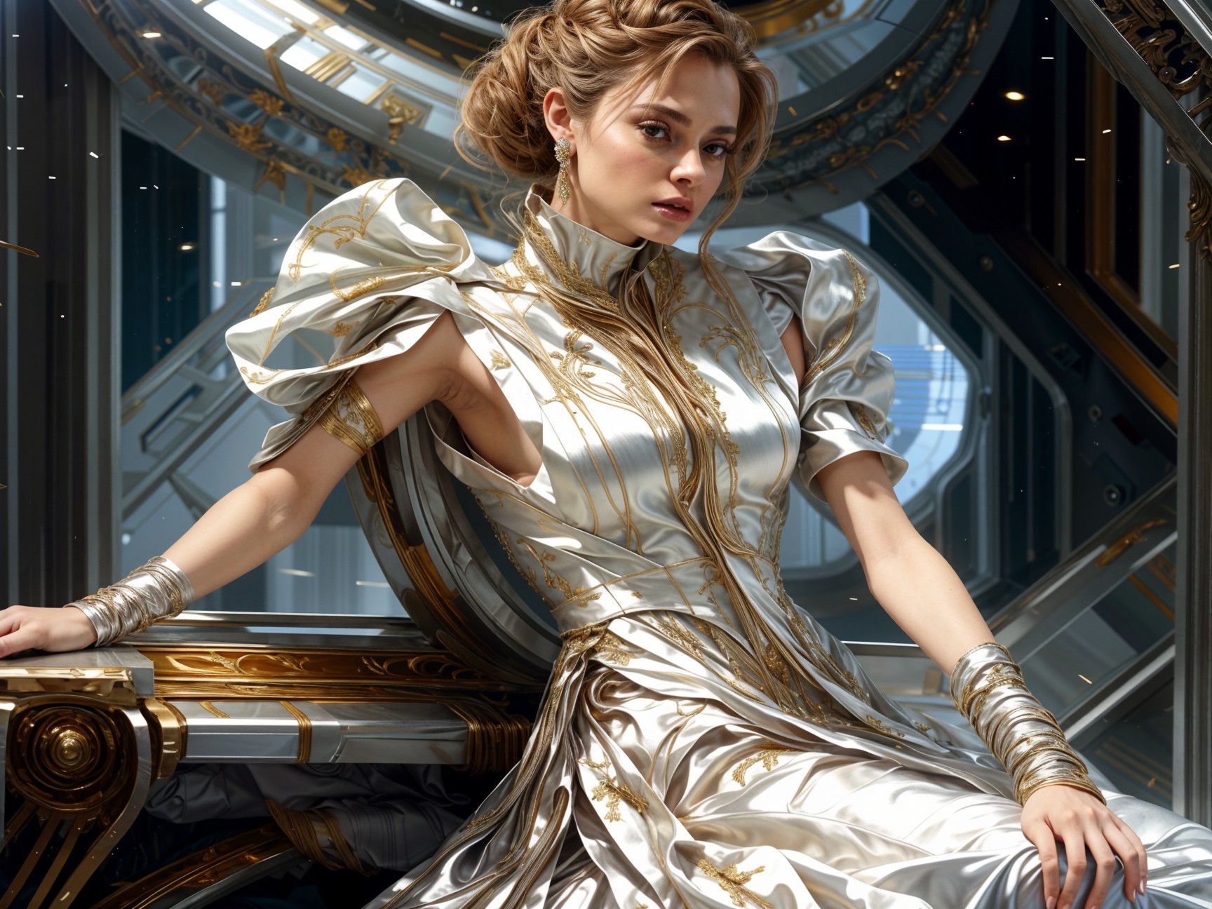 Young woman in metallic gown in futuristic setting